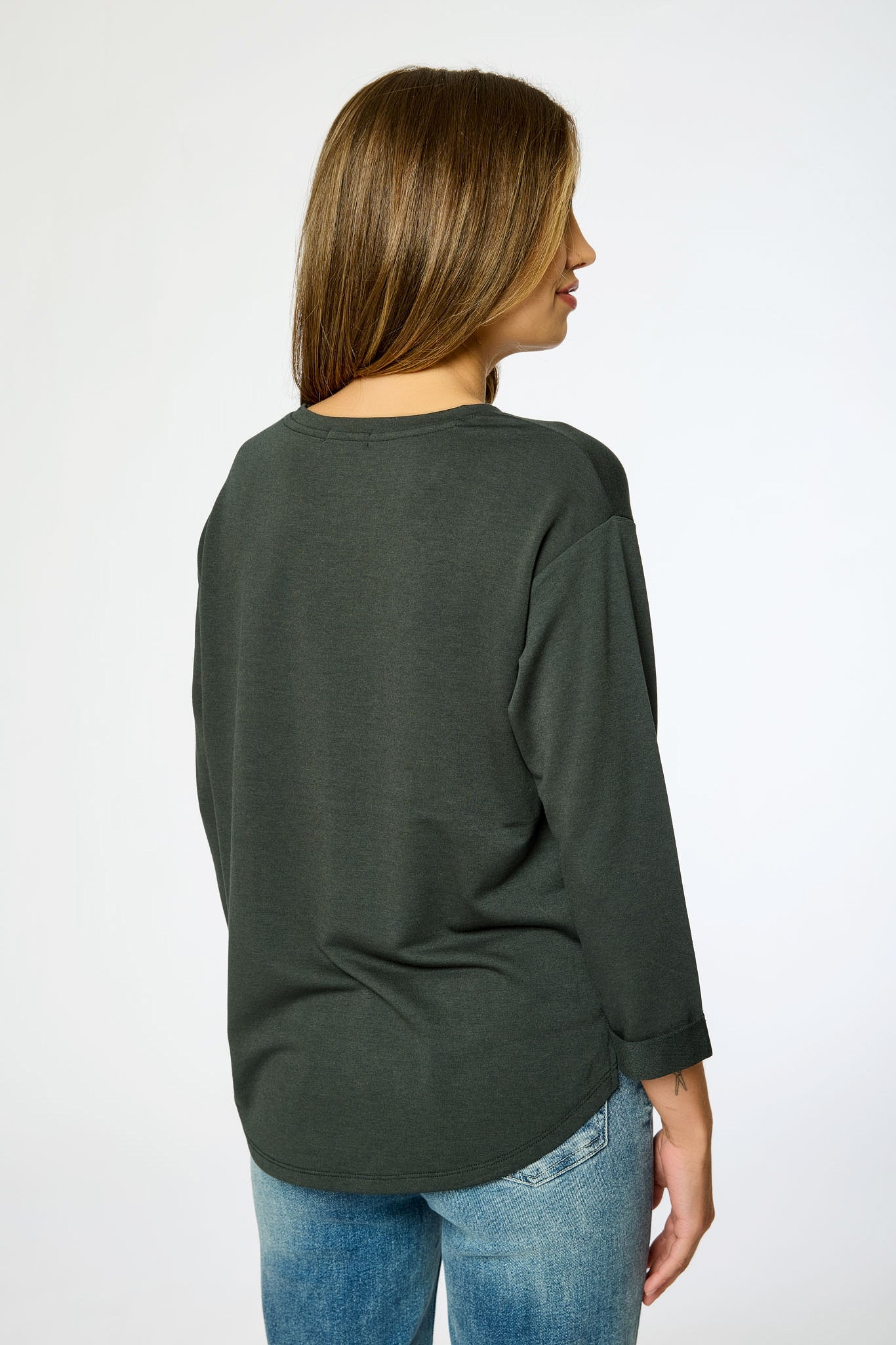 French Terry Crew-Neck 3/4 Sleeve Sweatshirt with Side Slits - Image 8