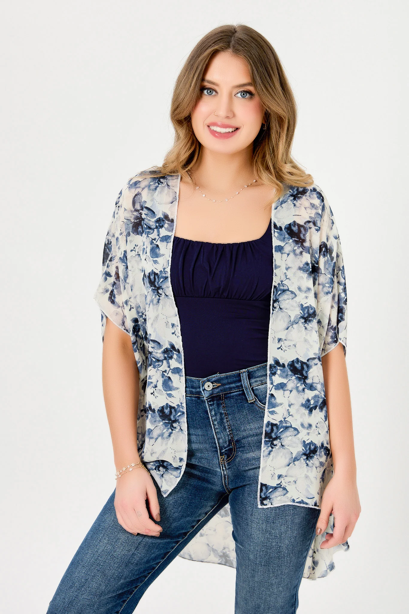 Ivory/Blue Floral Chiffon Kimono