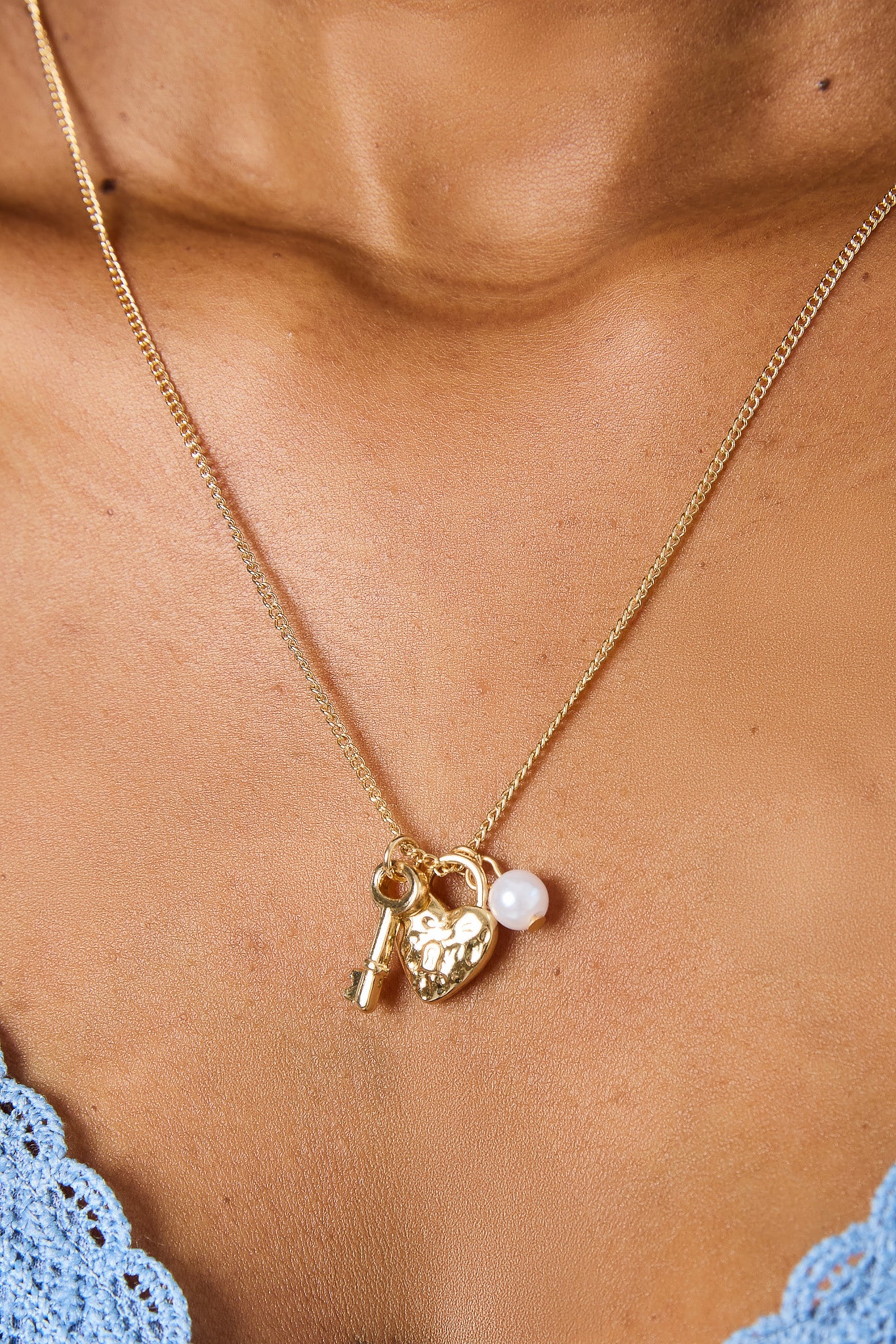 Key, Heart and Pearl Cluster Necklace