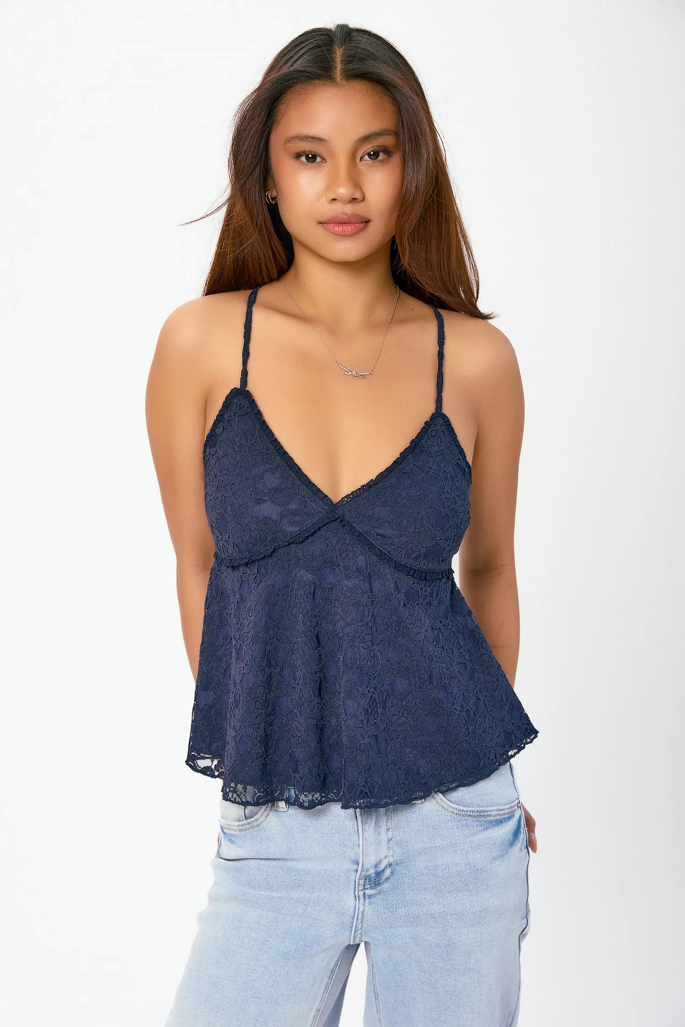 Lace V-Neck Spaghetti Strap Babydoll Top - Image 4