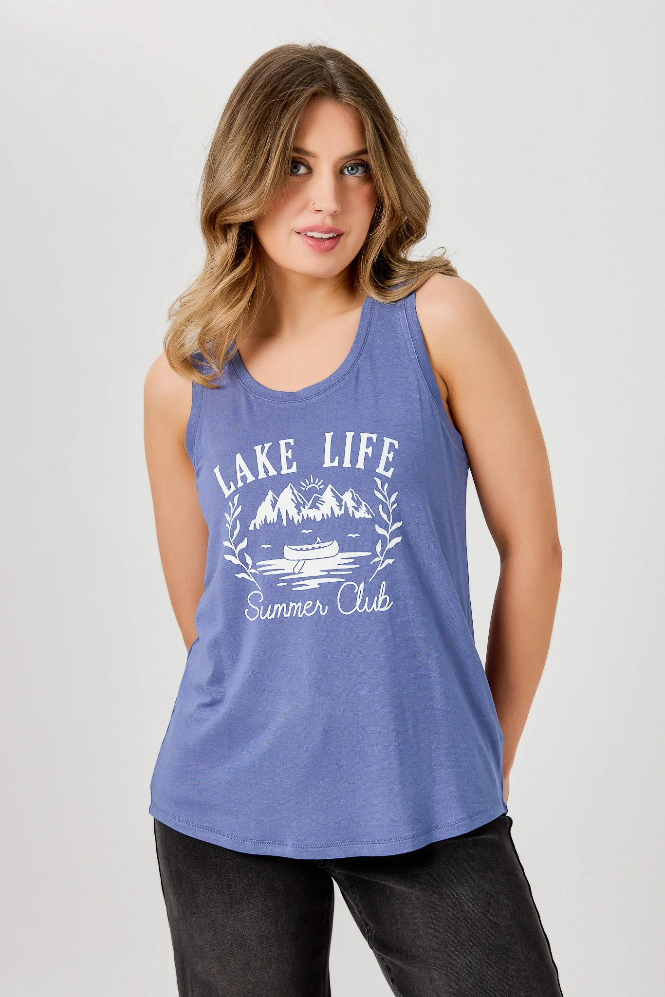"Lake Life Summer Club" Graphic Scoop-Neck Tank with Shirttail Hem