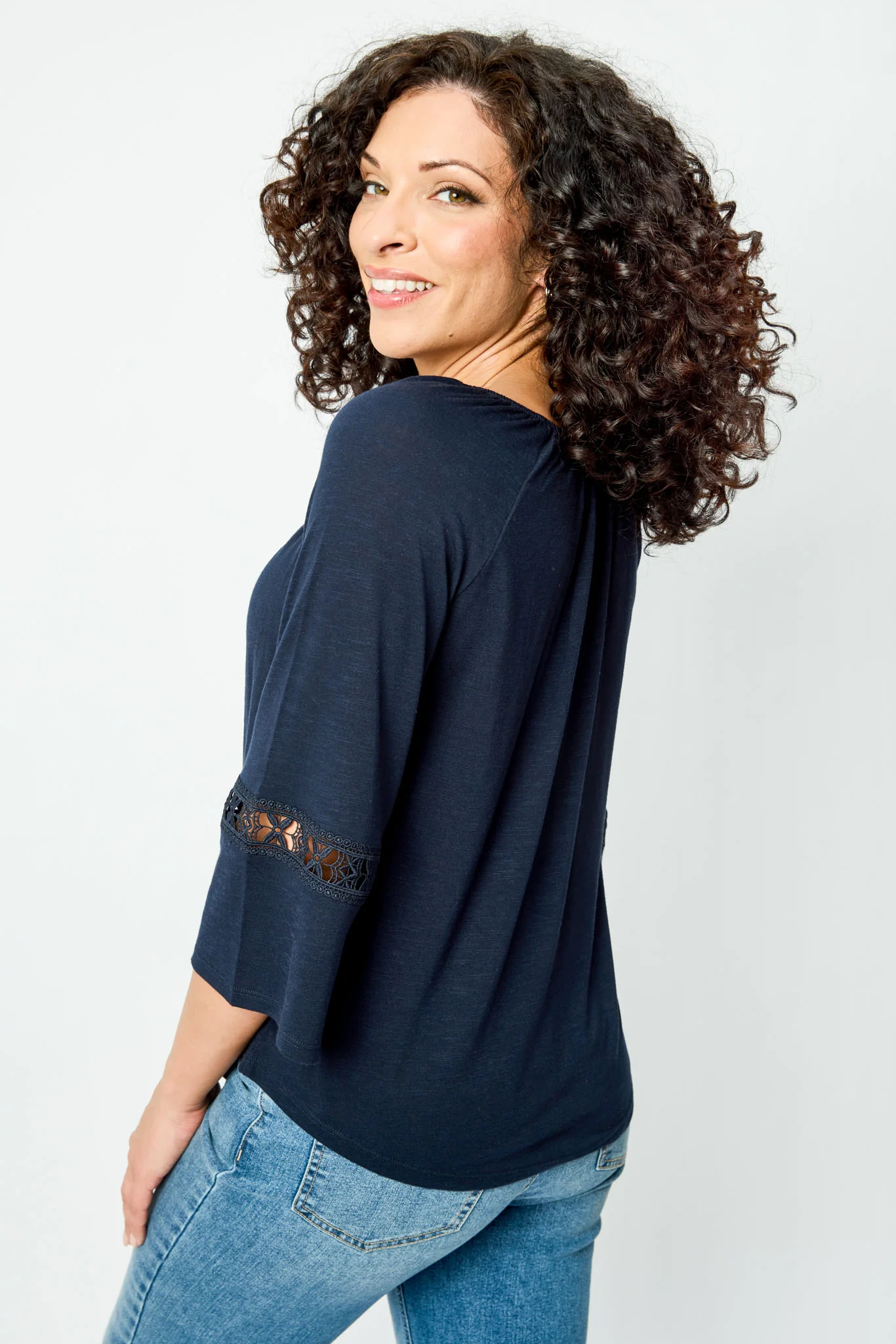 Long-Sleeve Blouse with Lace Trim and Tie Detail - Image 4