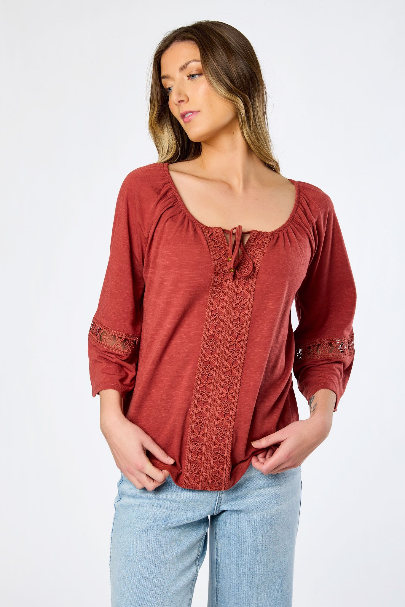 Long-Sleeve Blouse with Lace Trim and Tie Detail - Image 5