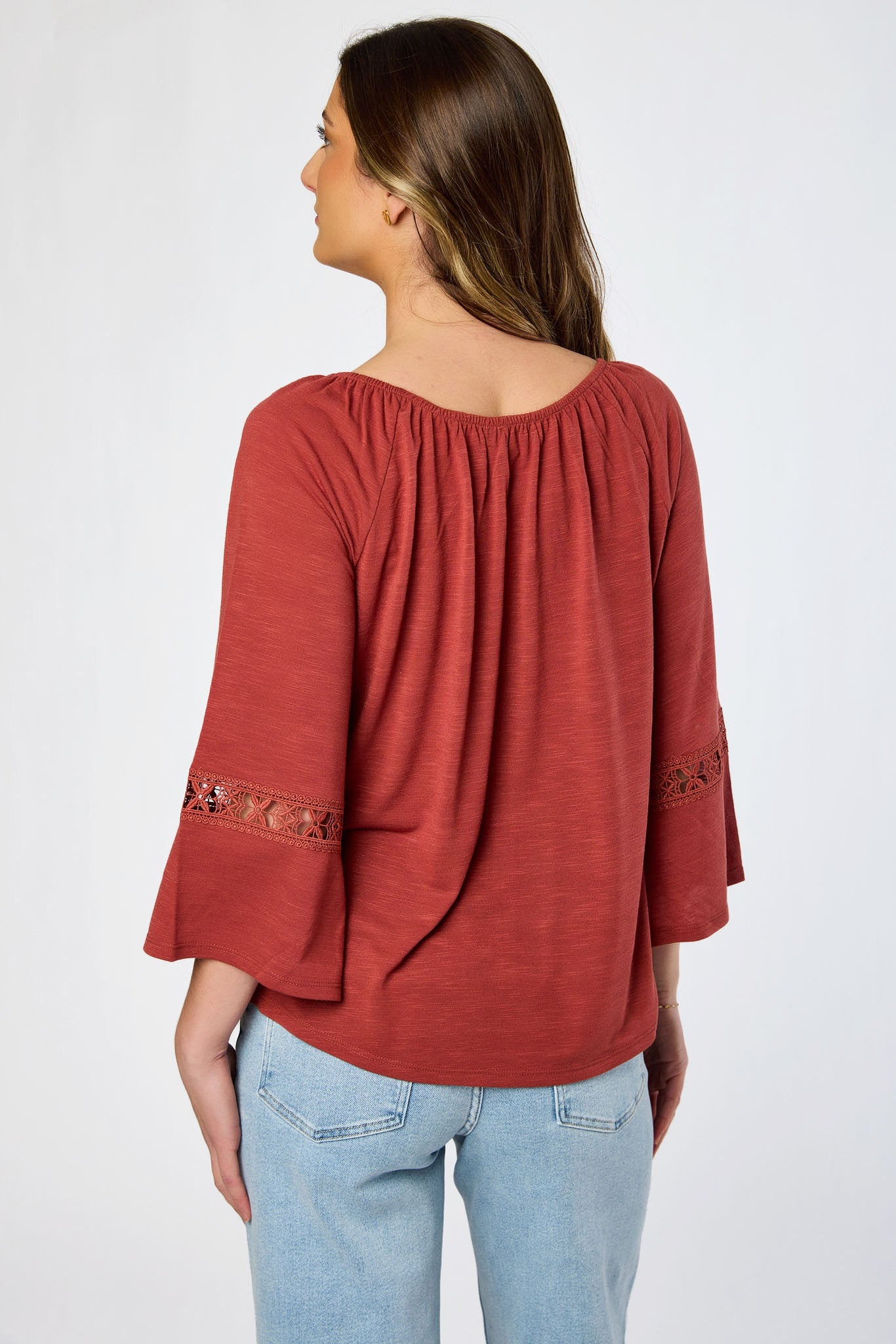Long-Sleeve Blouse with Lace Trim and Tie Detail - Image 6