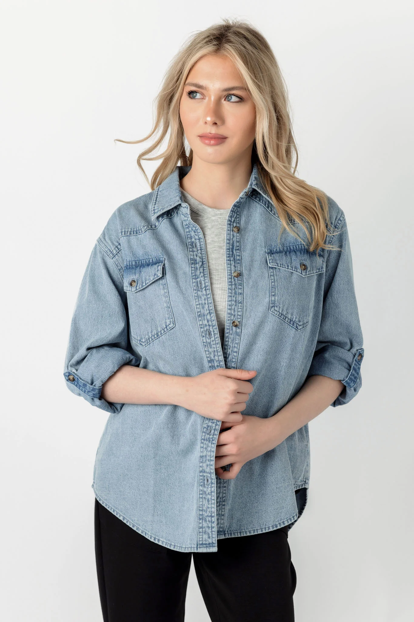 Medium Acid Wash Denim Long-Sleeve Button-Up Shirt - Image 3
