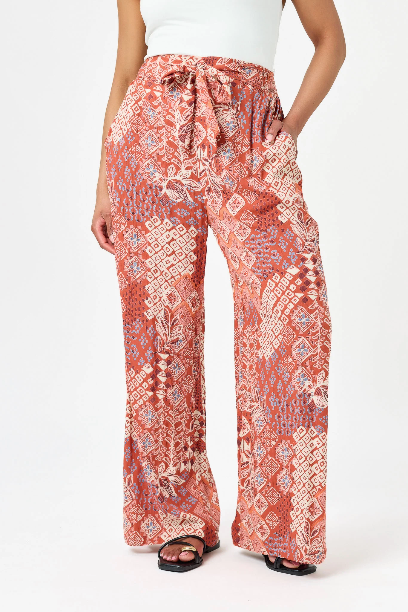 Mosaic Print Palazzo Pant with Tie-Belt - Image 3