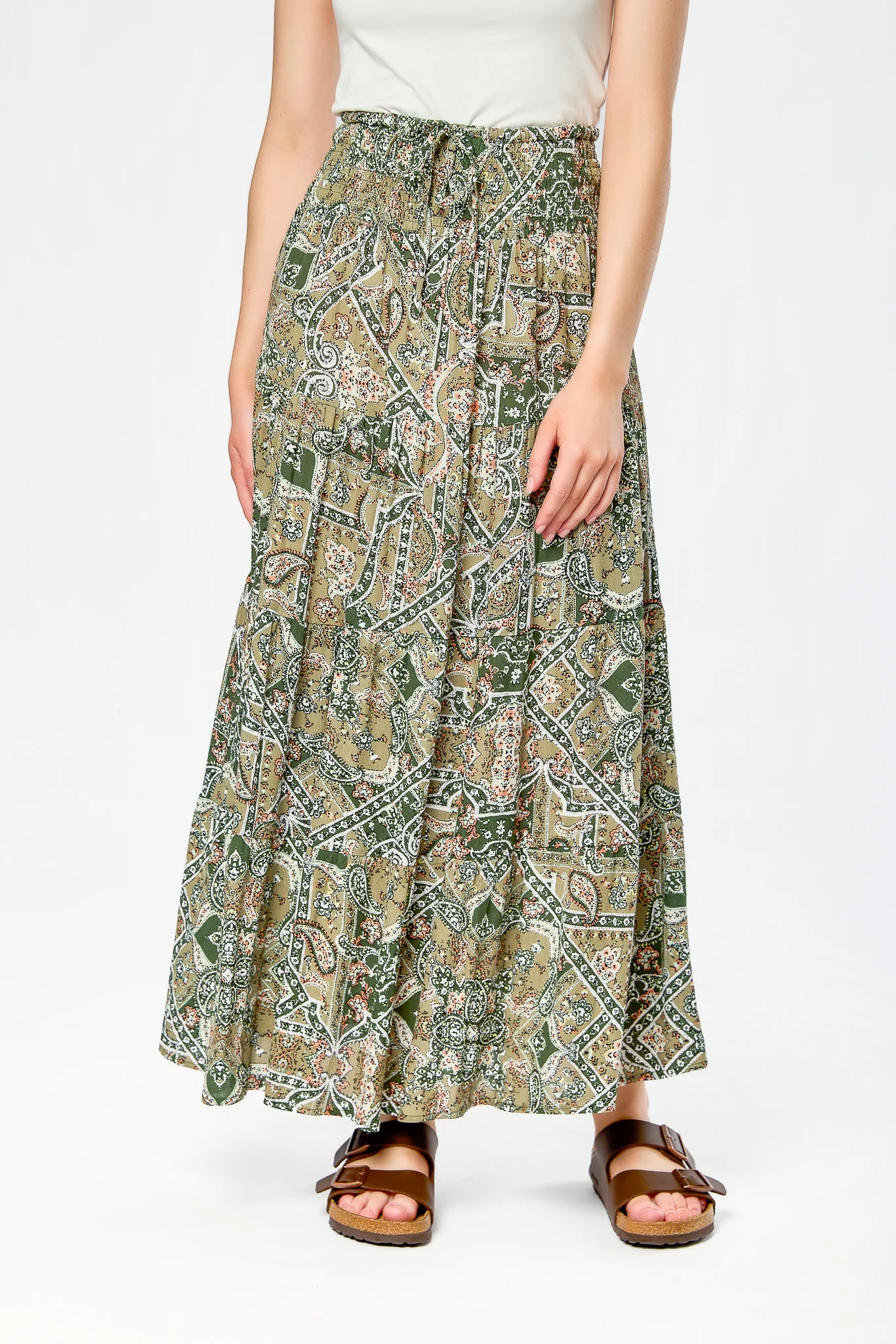 Olive Combo Patchwork Rayon Gauze Tiered Maxi Skirt - Image 3