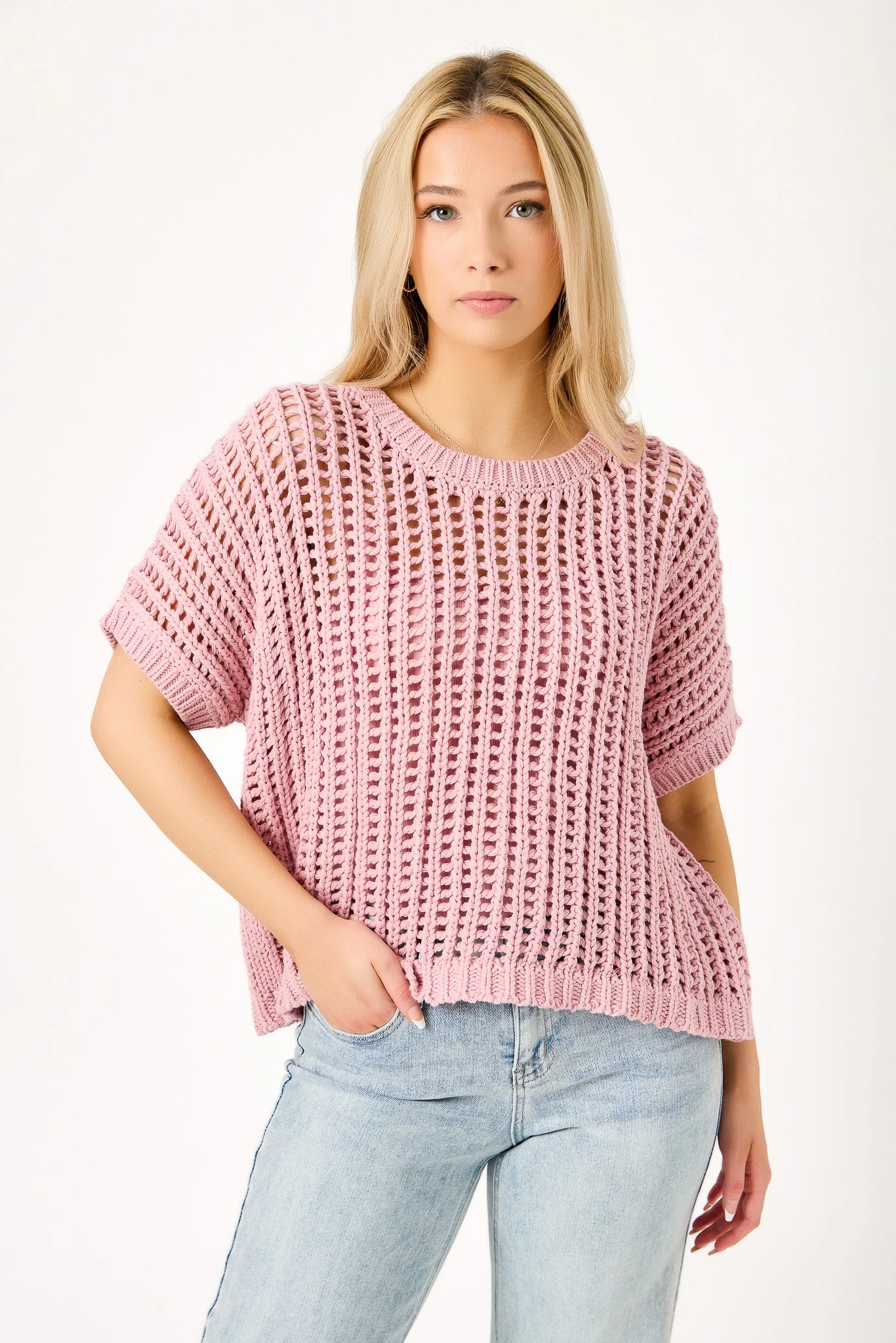 Oversized Openwork Short-Sleeve Sweater - Image 7