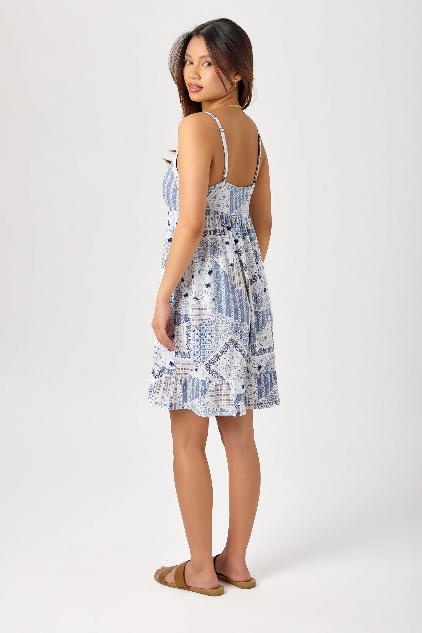 Patchwork Babydoll Dress with Padded Cups and Beaded Spaghetti Straps - Image 2