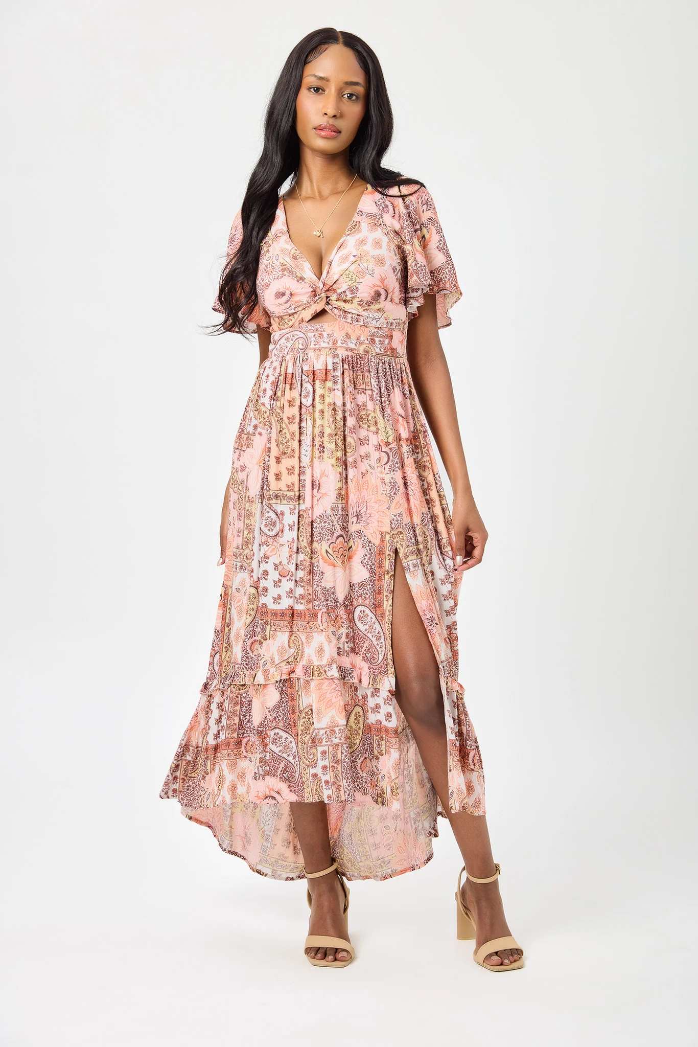 Patchwork High-Low Maxi Dress with Cut-Out