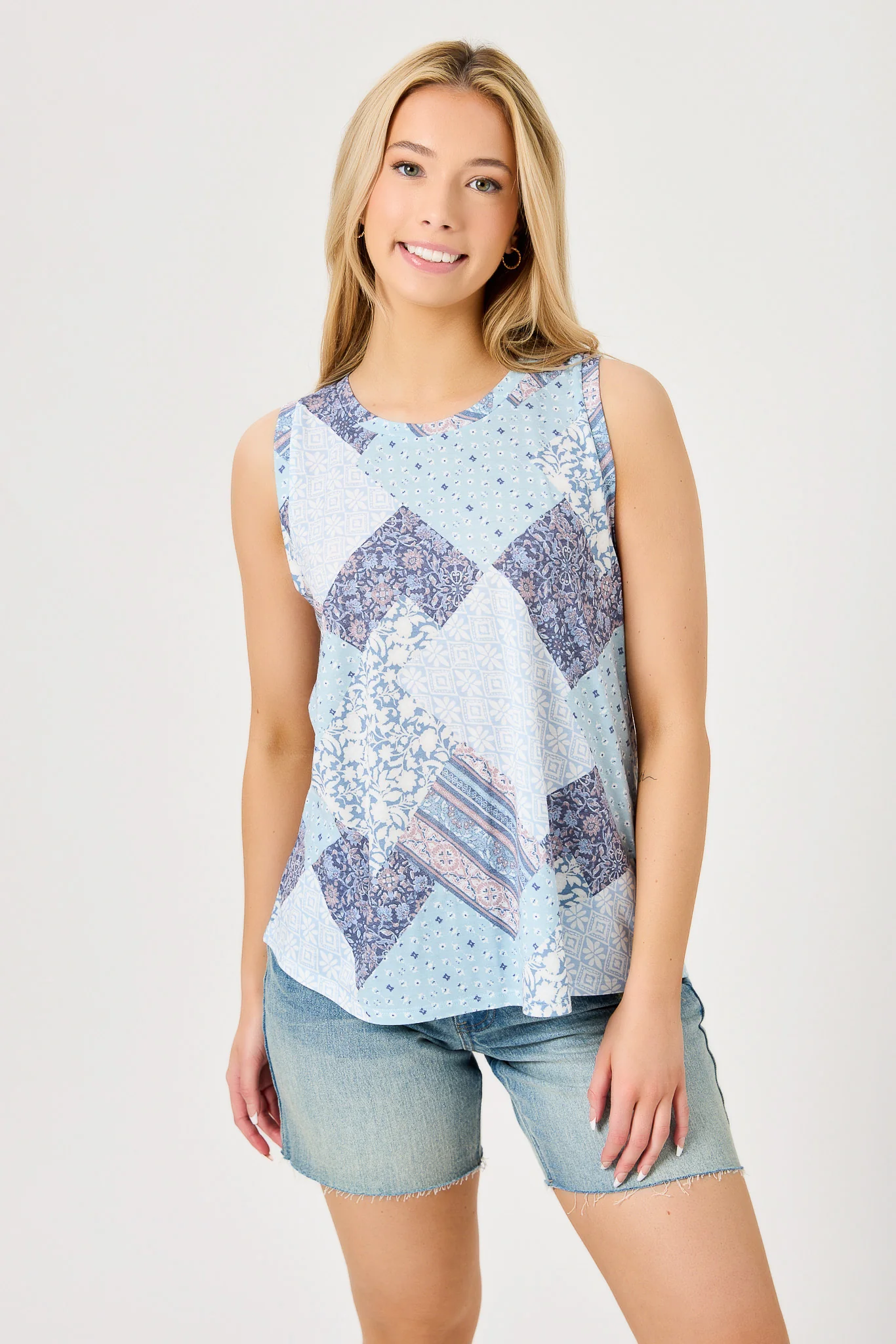 Patchwork Print Crew-Neck Jersey Swing Tank