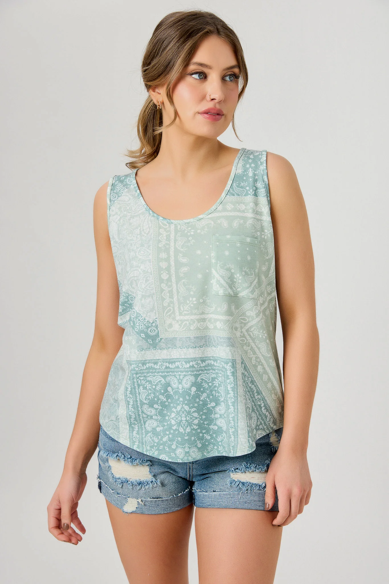 Patchwork Print Scoop-Neck Tank with Pocket