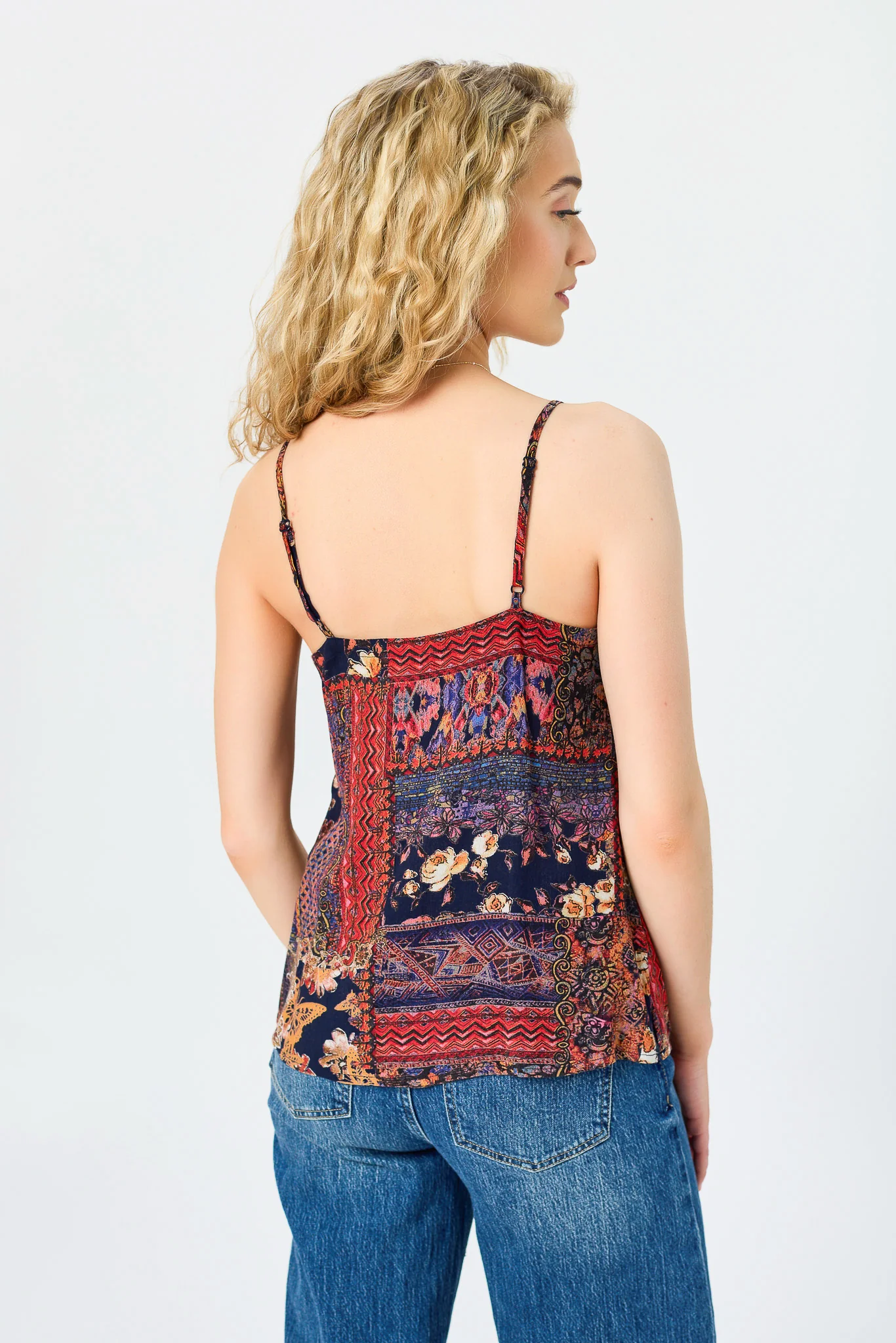 Patchwork V-Neck Spaghetti Strap Cami with Crochet Lace Insert - Image 2