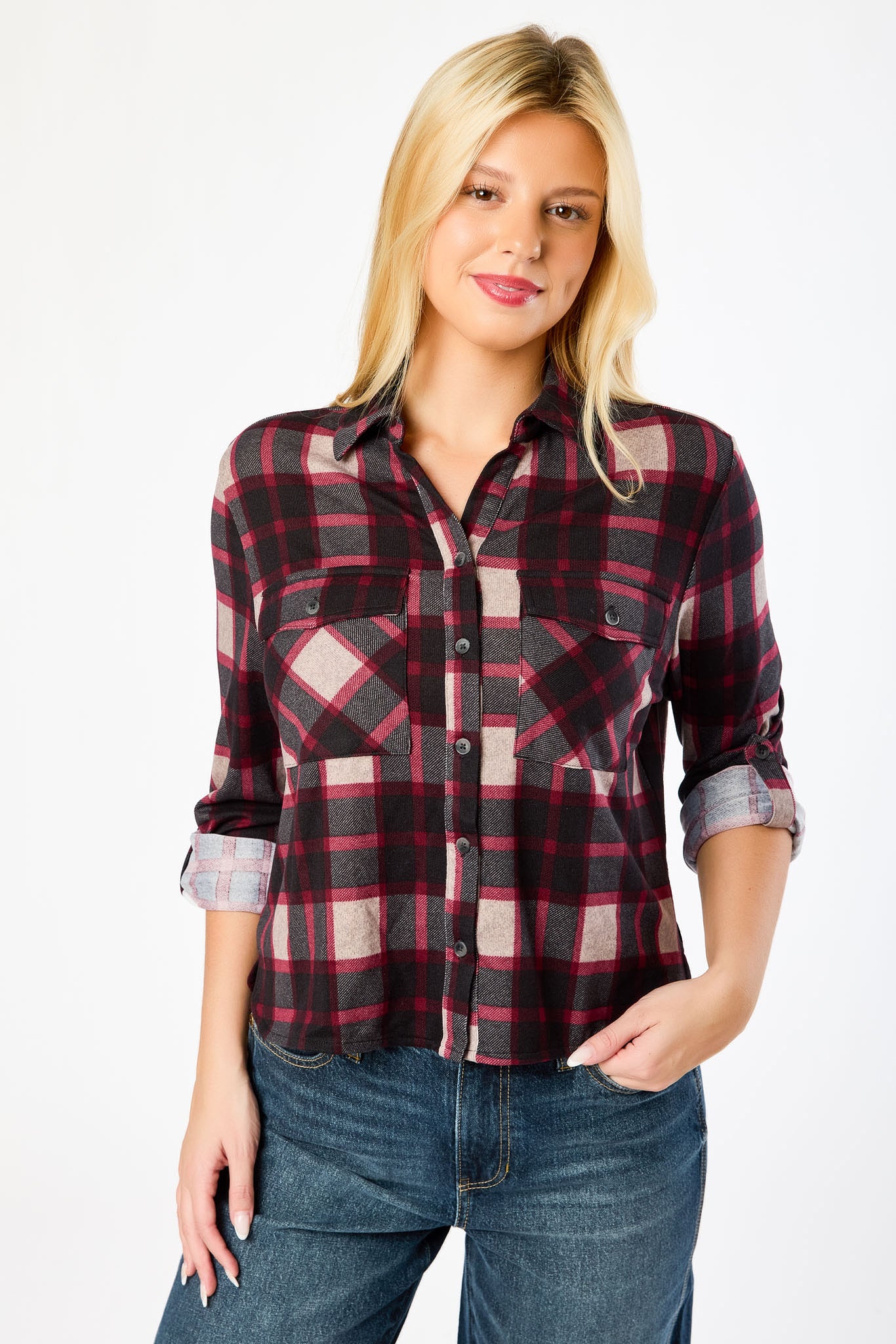 Plaid Cropped Button-Up Shirt with Chest Pockets - Image 3