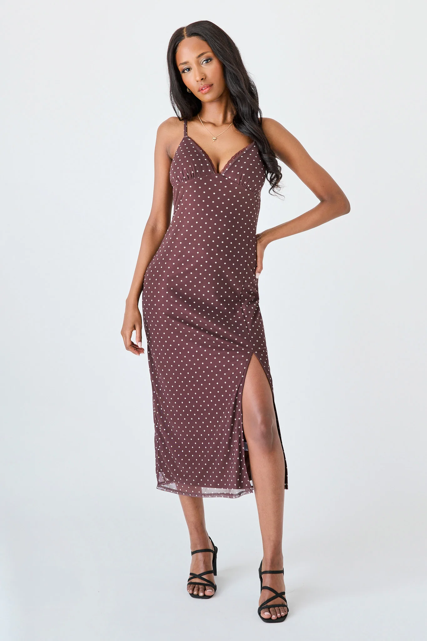 Polka-Dot Recycled Mesh Lace-Trim Midi Dress