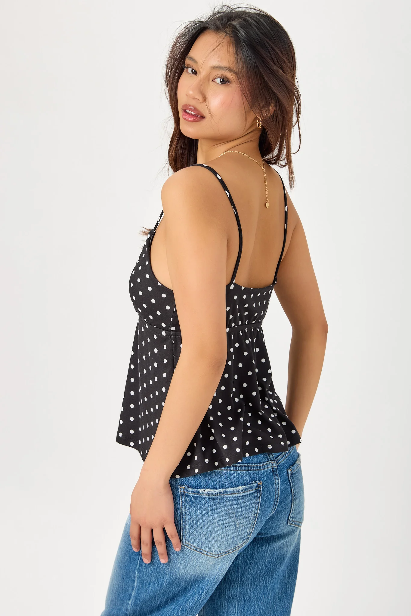 Polka Dot Spaghetti-Strap Babydoll Top - Image 4