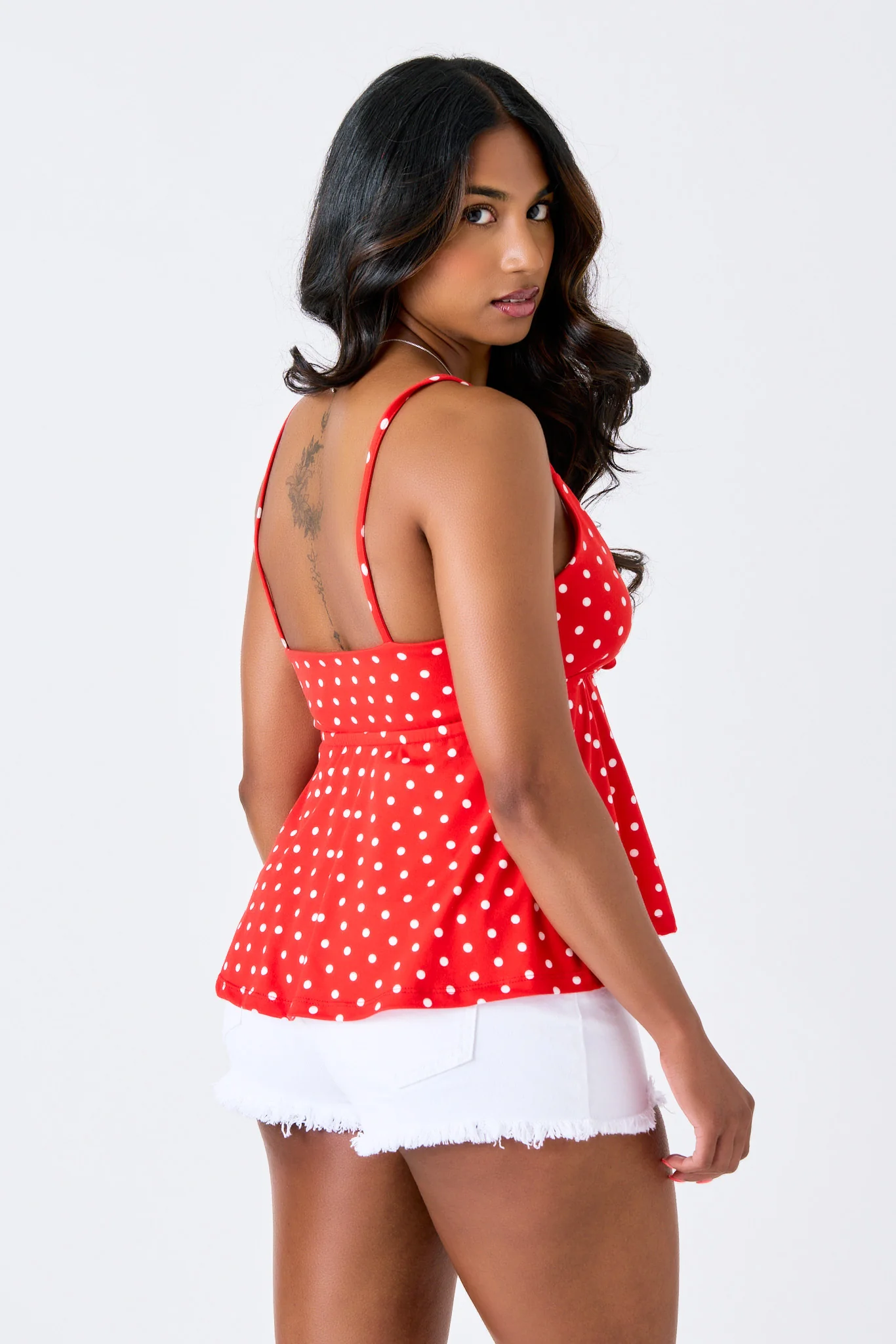 Polka Dot Spaghetti-Strap Babydoll Top - Image 8