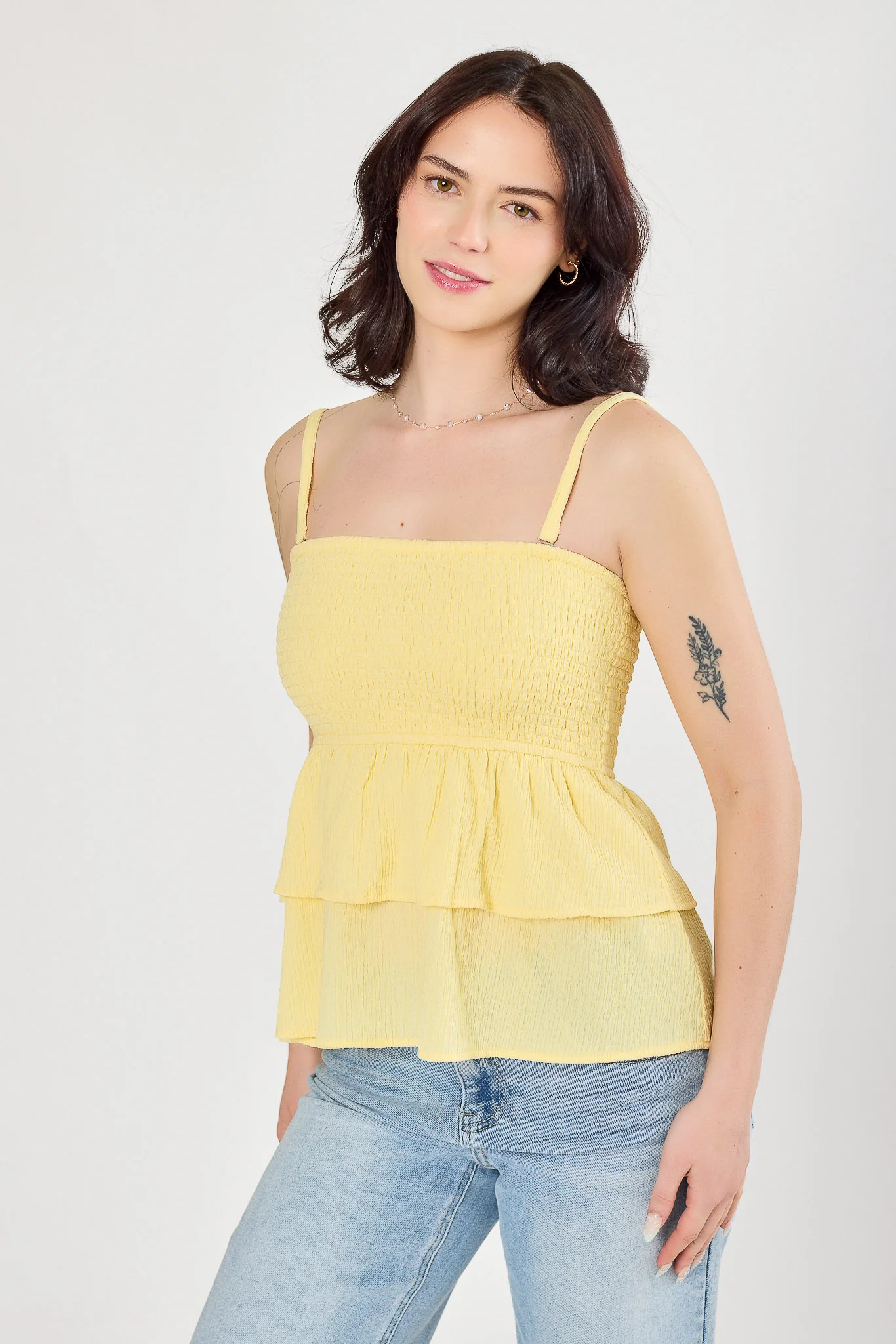 Pucker Knit Smocked Top with Tiered Hem