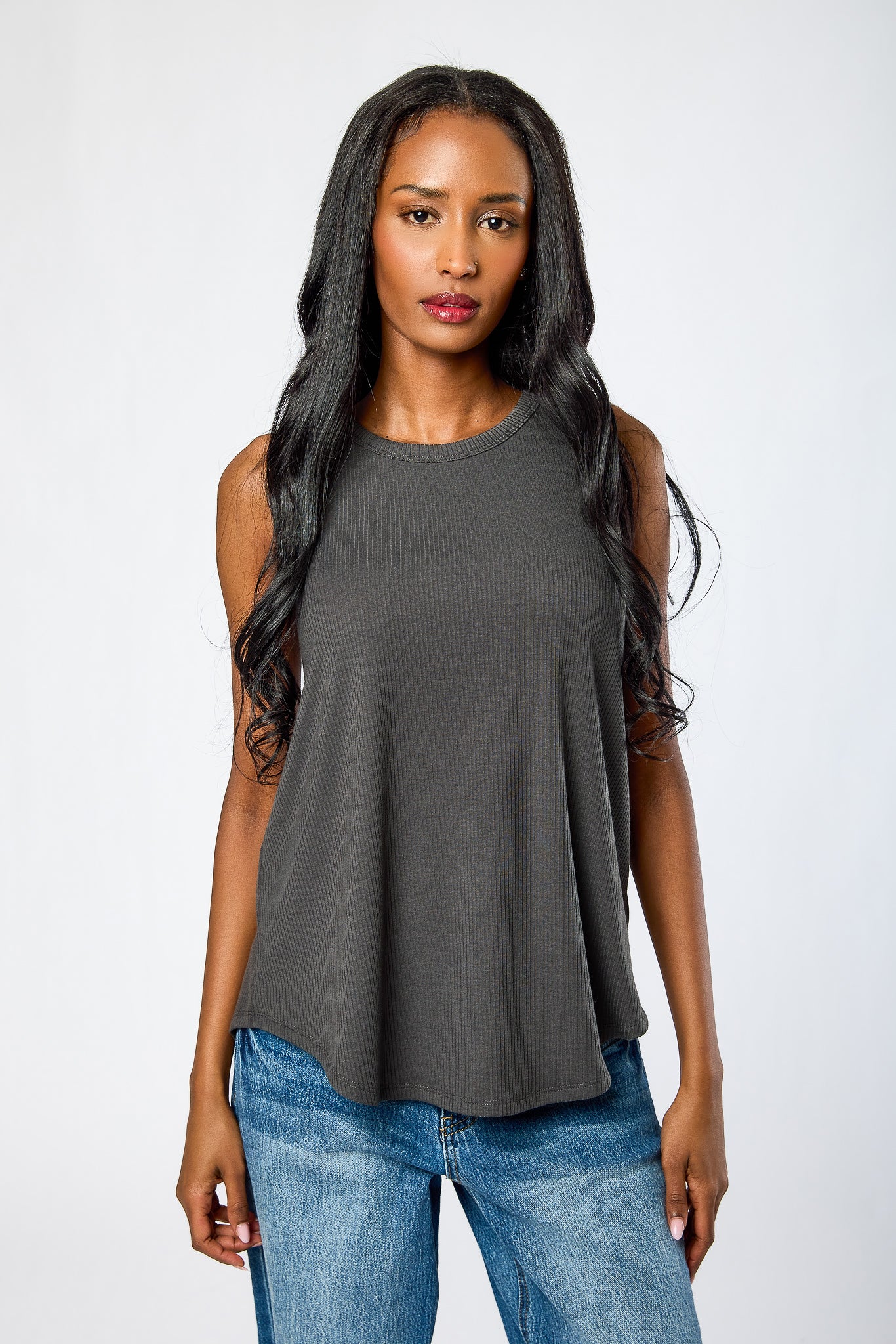 Ribbed Crew-Neck Sleeveless Swing Tunic - Image 3