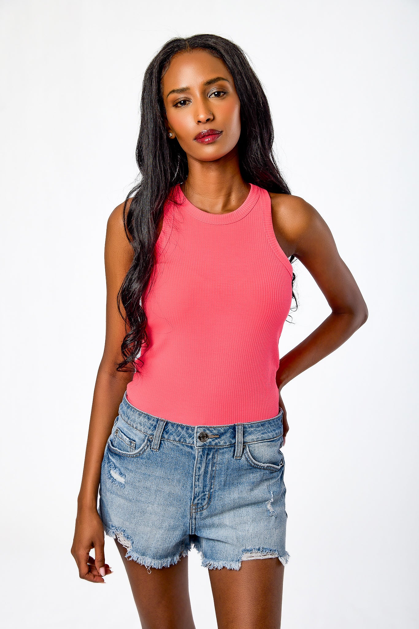 Ribbed High-Neck Skinny Strap Tank