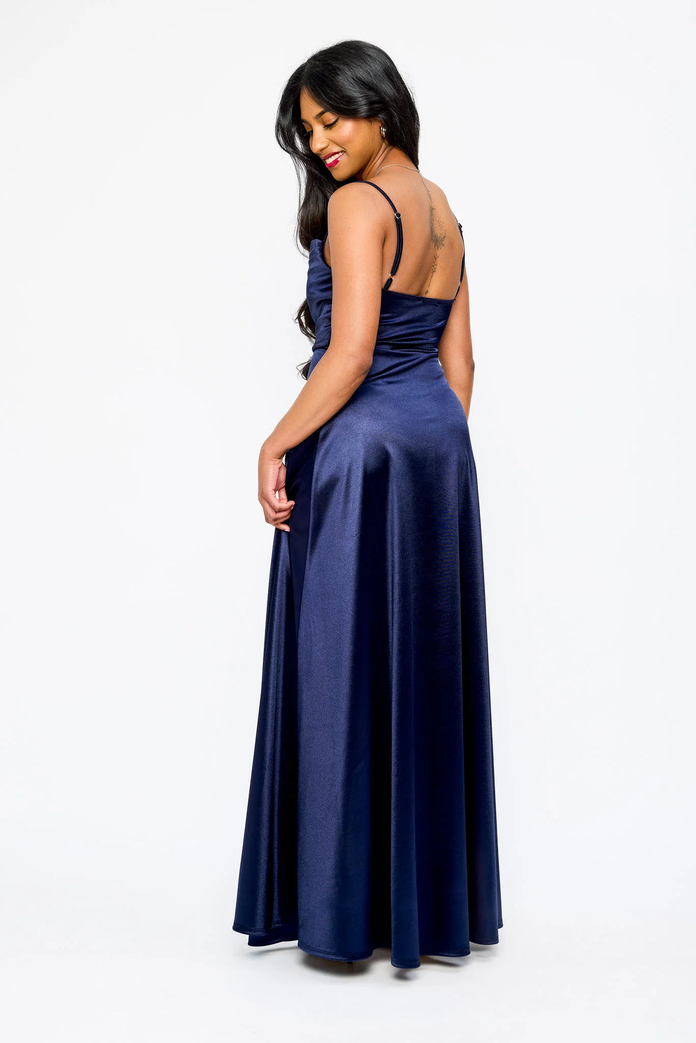 Satin Spaghetti Strap Pleated Bust Maxi Dress with Side Slit - Image 2
