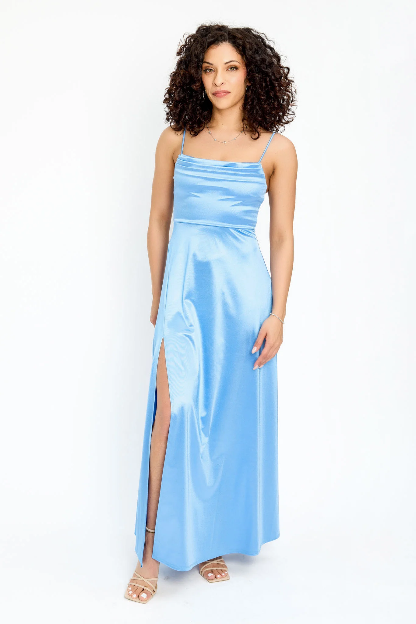 Satin Spaghetti Strap Pleated Bust Maxi Dress with Side Slit - Image 3