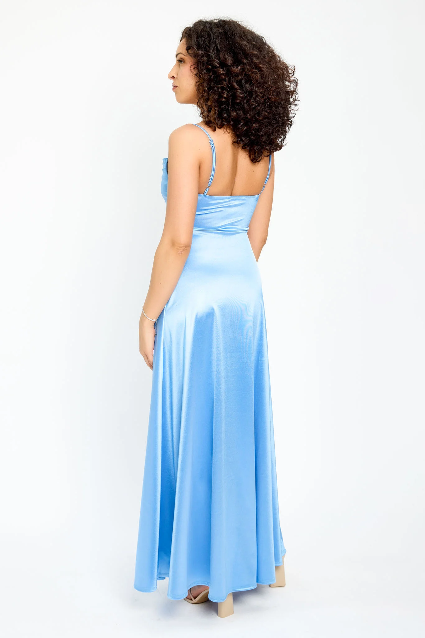 Satin Spaghetti Strap Pleated Bust Maxi Dress with Side Slit - Image 4