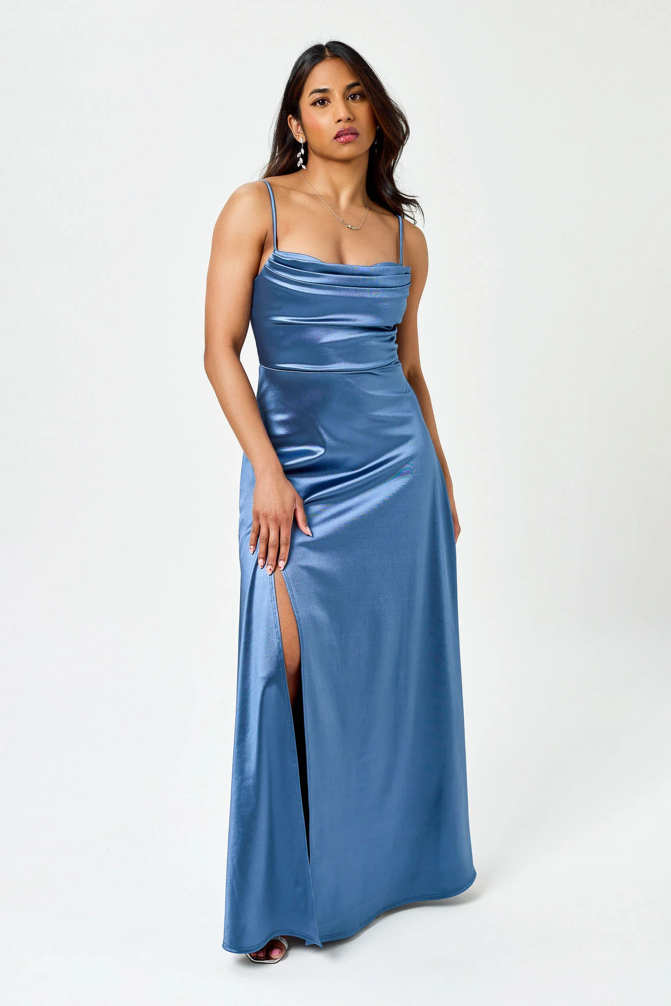 Satin Spaghetti Strap Pleated Bust Maxi Dress with Side Slit - Image 5