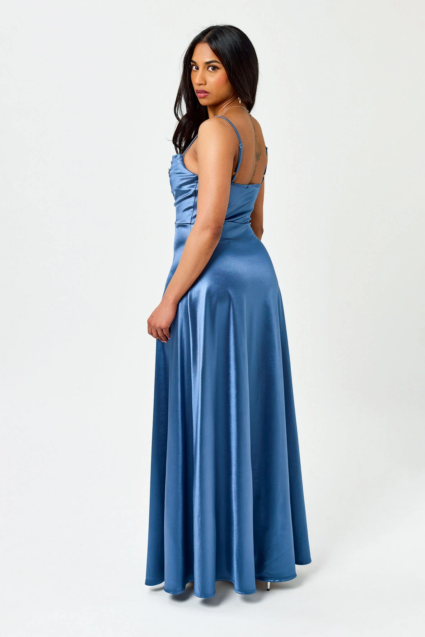 Satin Spaghetti Strap Pleated Bust Maxi Dress with Side Slit - Image 6