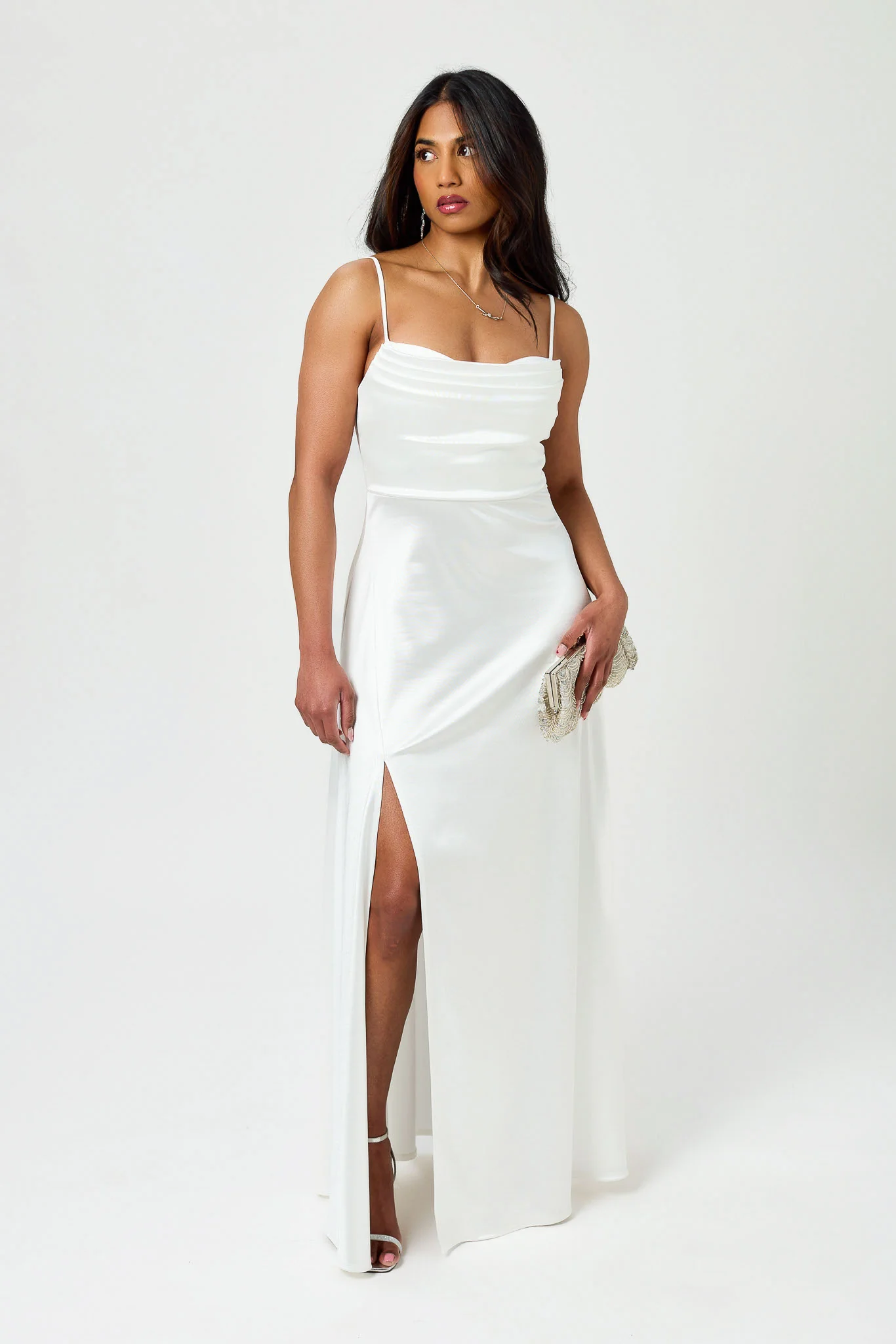 Satin Spaghetti Strap Pleated Bust Maxi Dress with Side Slit - Image 8