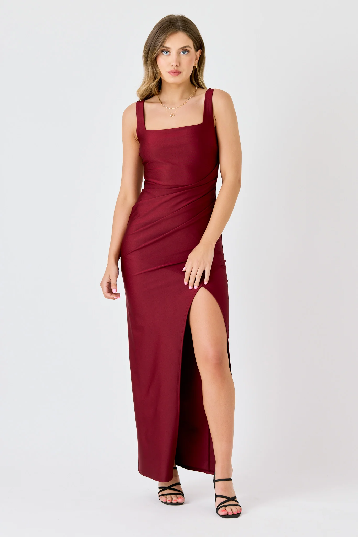 Satin Square-Neck Maxi Dress with Side Slit - Image 10