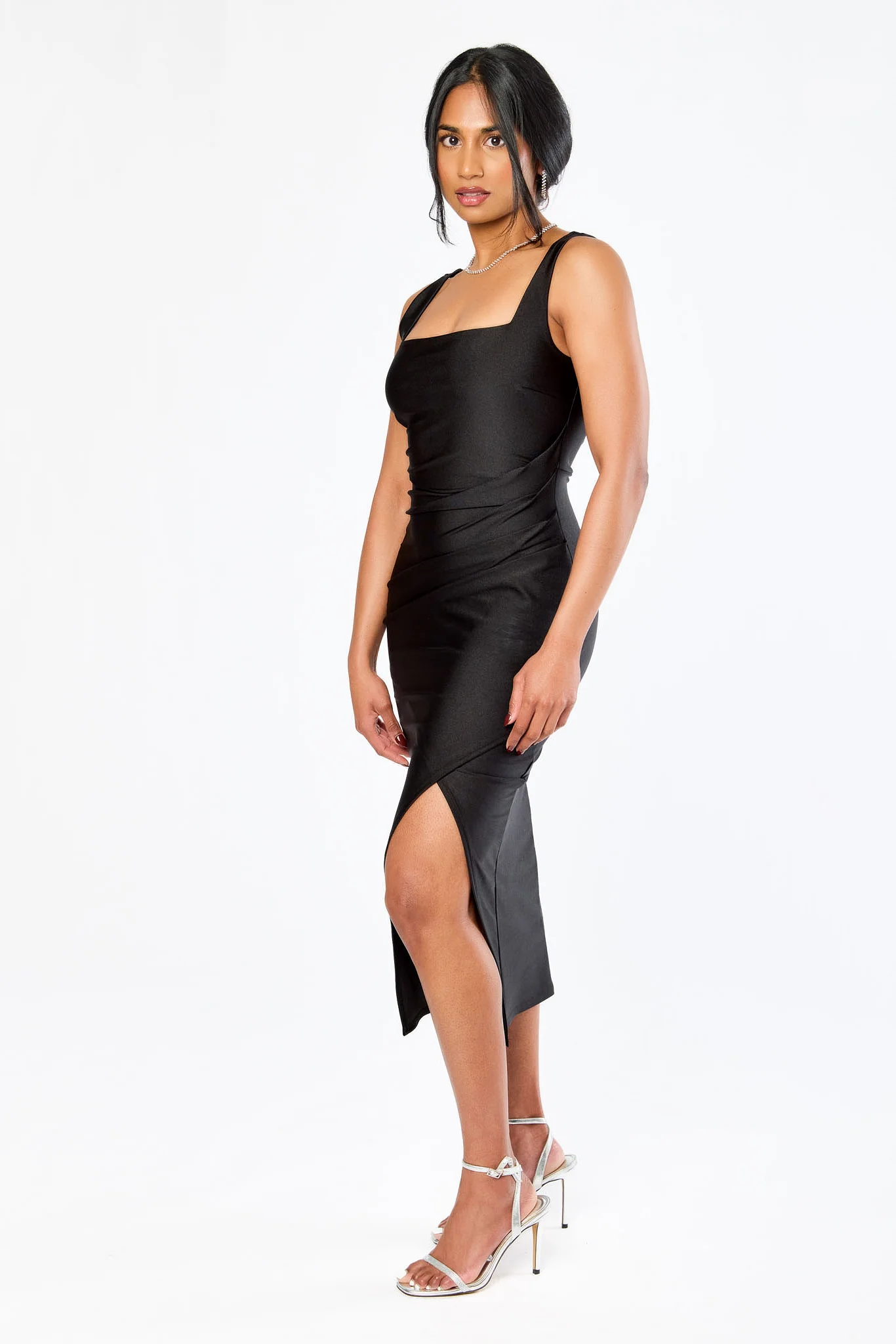 Satin Square-Neck Midi Dress with Side Slit - Image 4