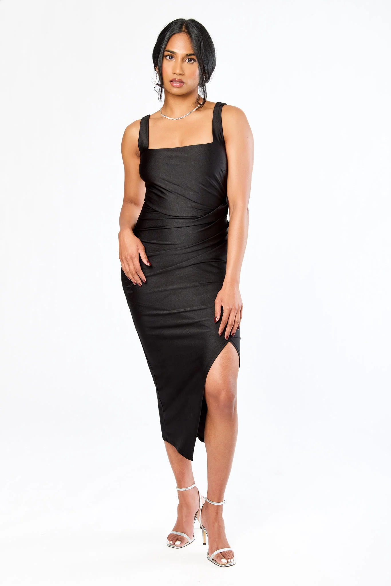 Satin Square-Neck Midi Dress with Side Slit - Image 6