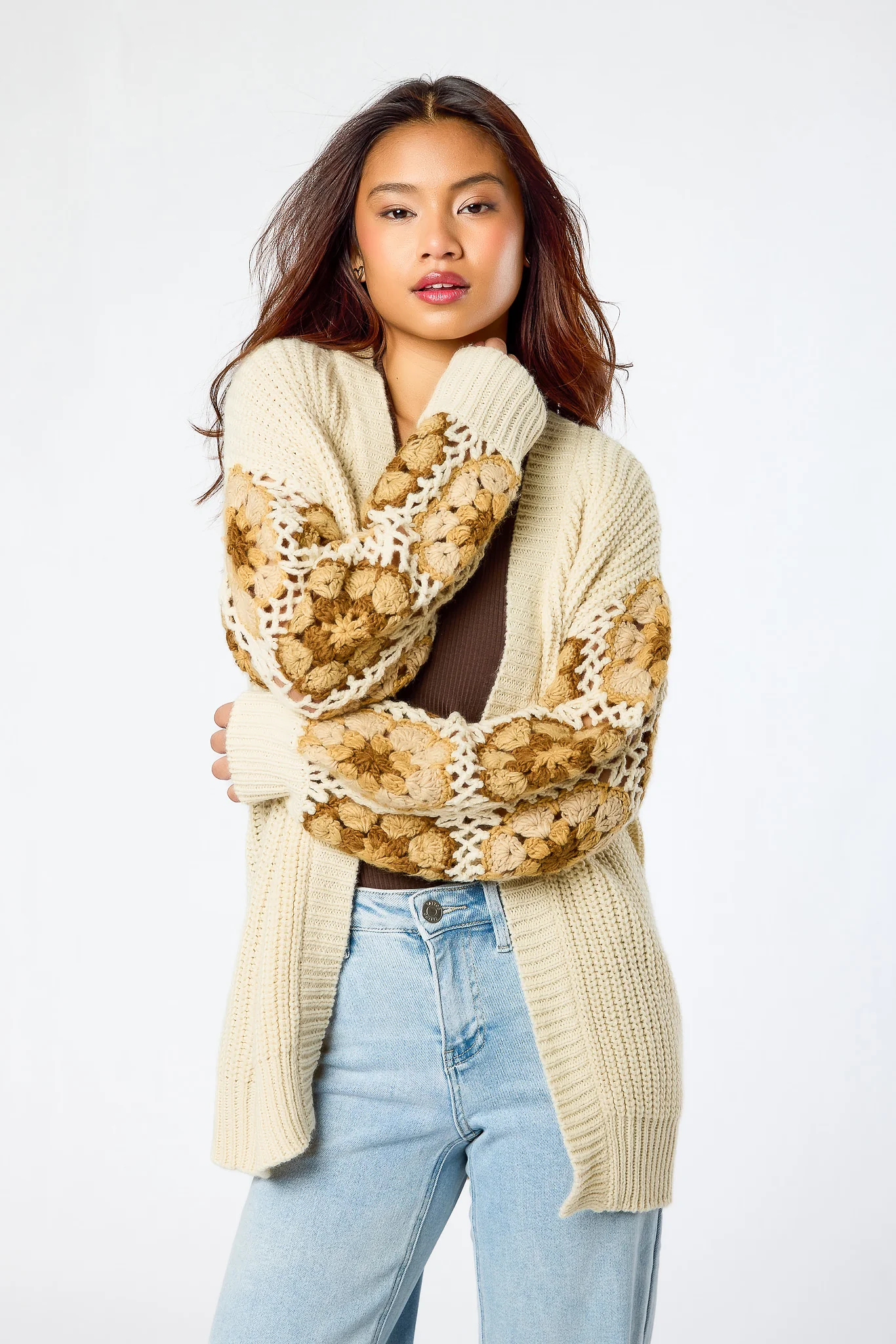 Shaker Knit Open Cardigan with Granny Square Sleeves - Image 2