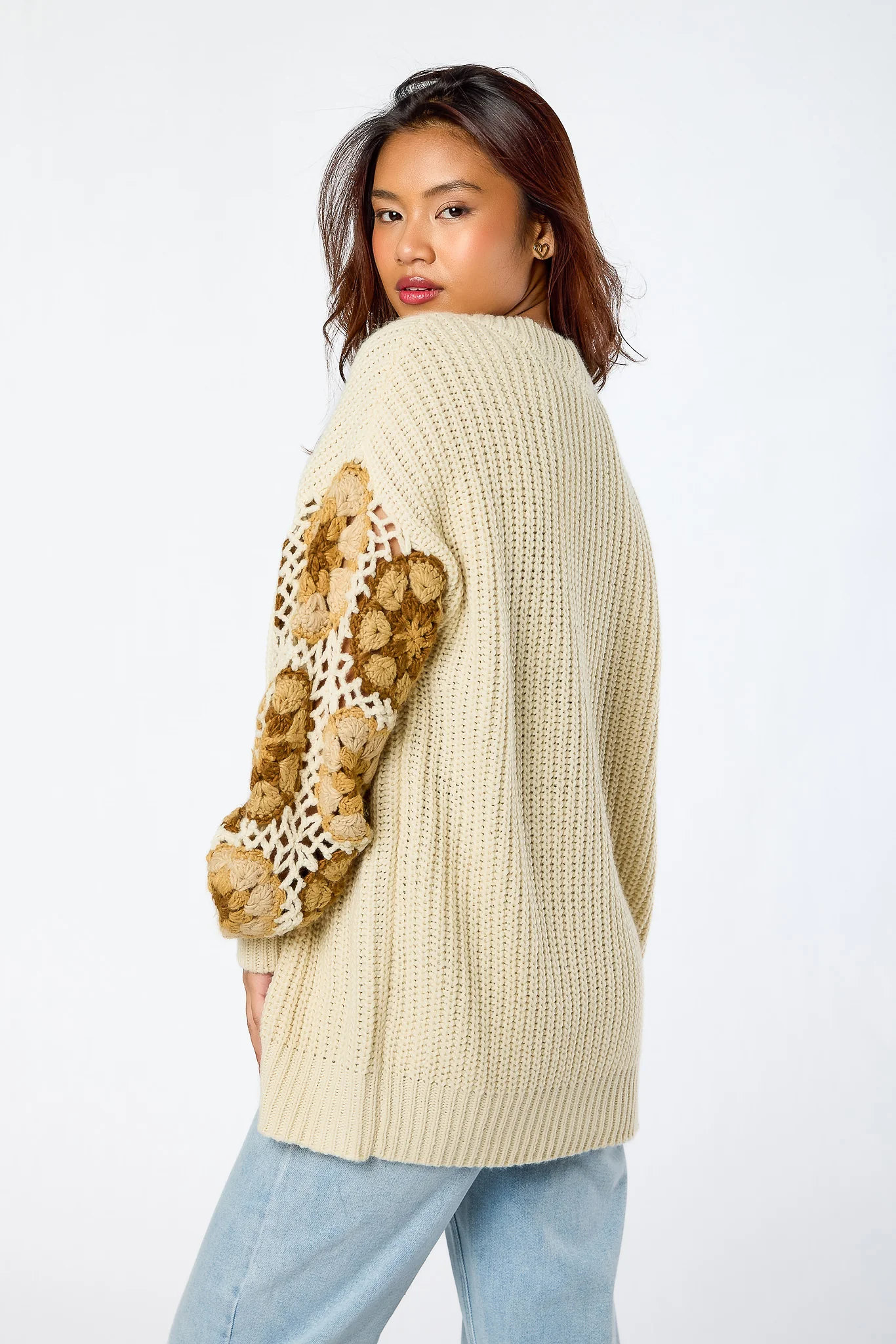 Shaker Knit Open Cardigan with Granny Square Sleeves - Image 3