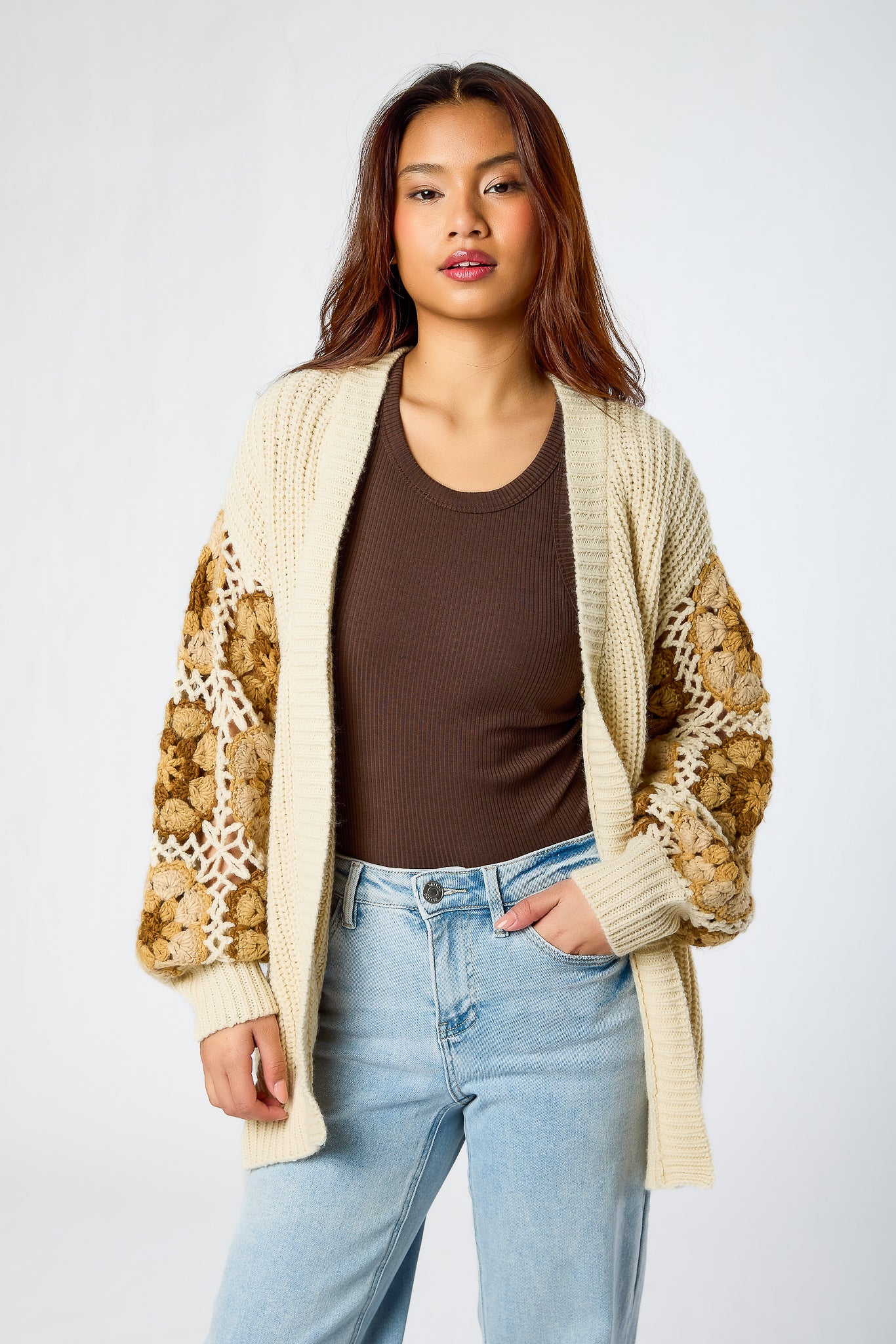 Shaker Knit Open Cardigan with Granny Square Sleeves - Image 4