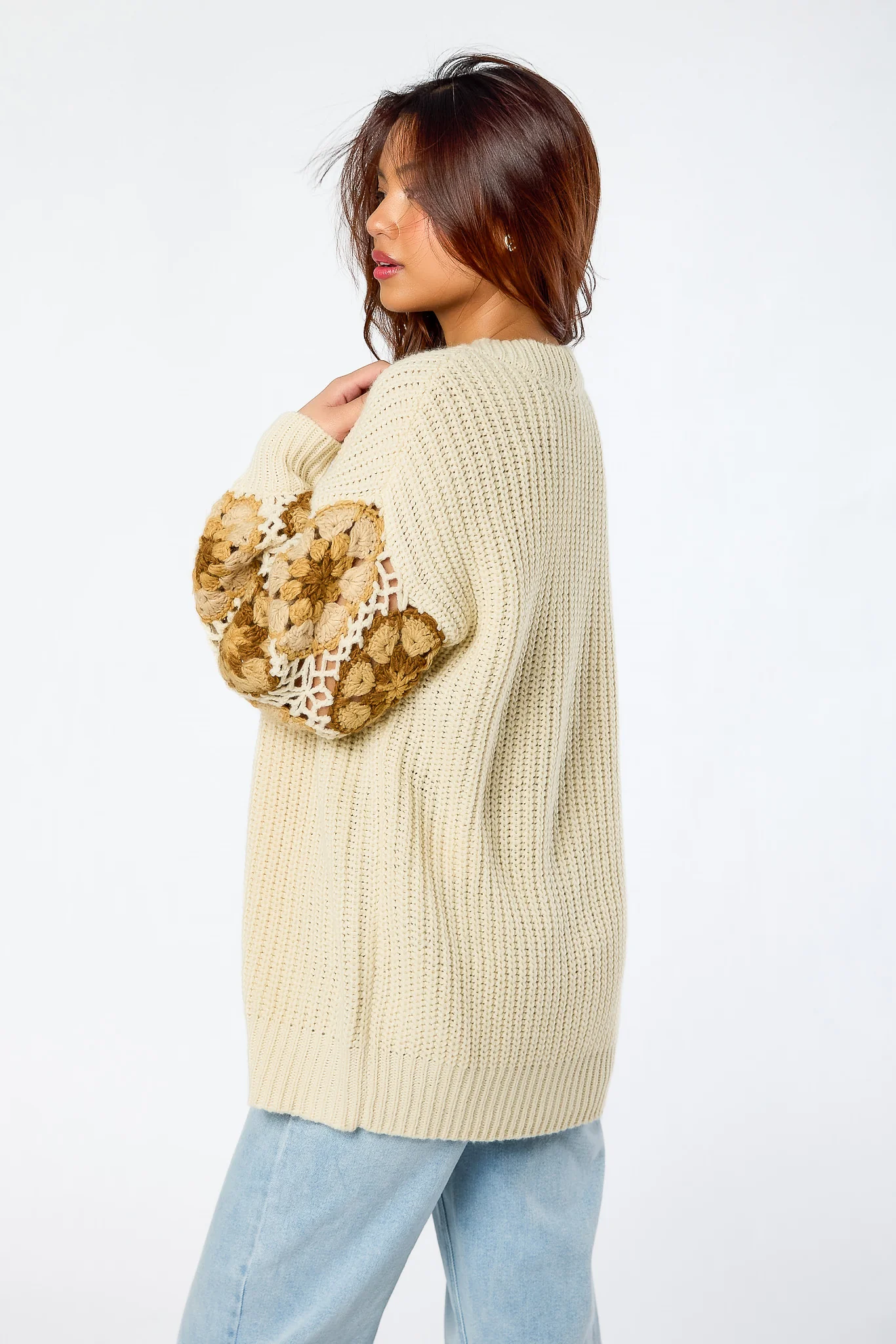 Shaker Knit Open Cardigan with Granny Square Sleeves - Image 5