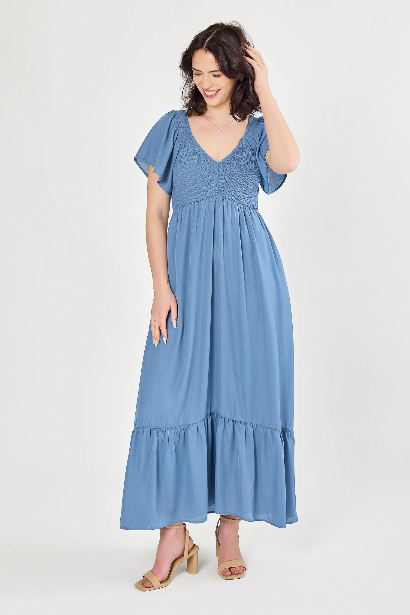 Solid Flutter-Sleeve V-Neck Maxi Dress with Smocked Bust