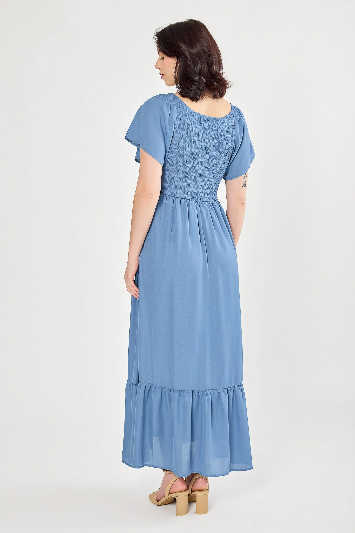 Solid Flutter-Sleeve V-Neck Maxi Dress with Smocked Bust - Image 2