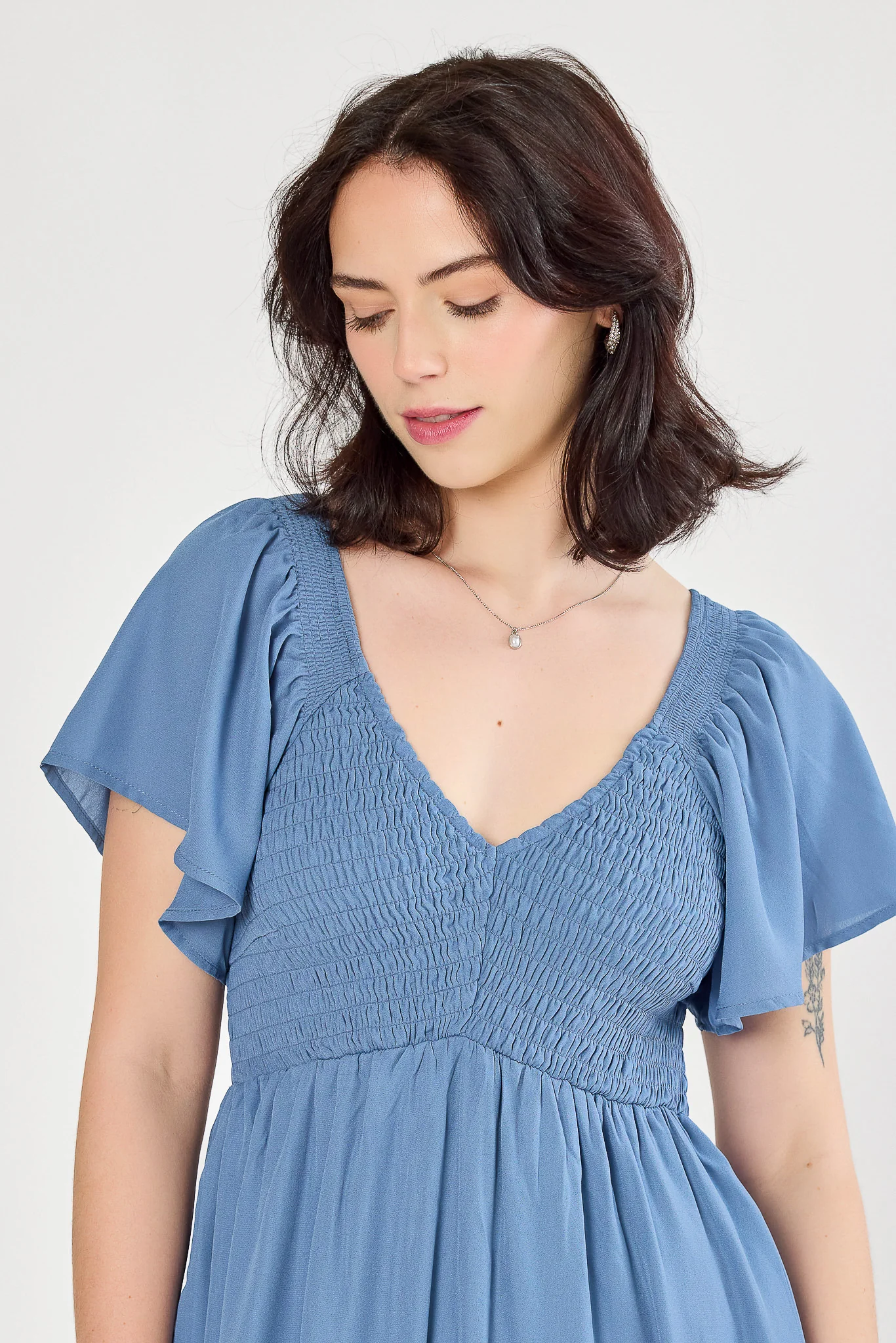 Solid Flutter-Sleeve V-Neck Maxi Dress with Smocked Bust - Image 3