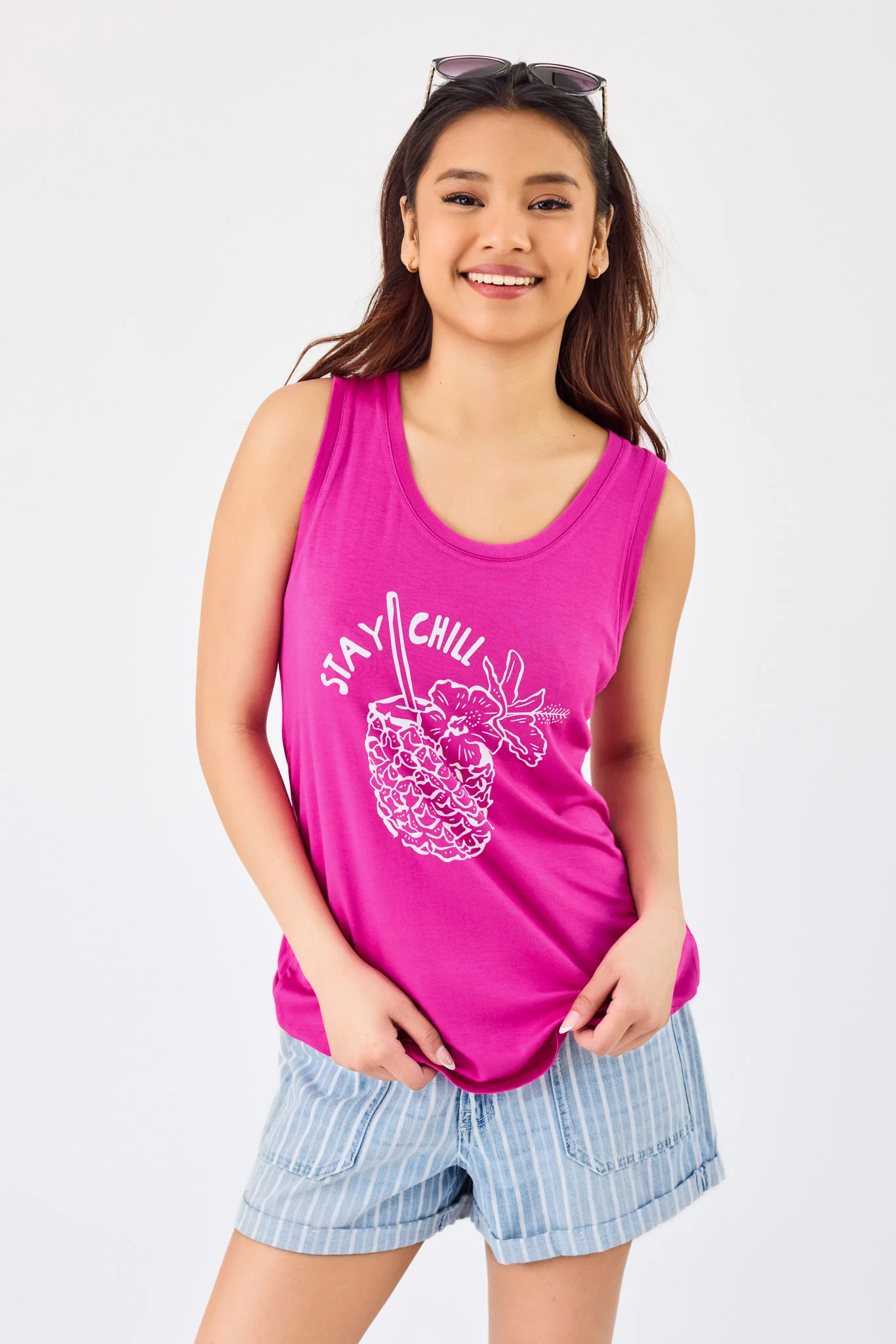 "Stay Chill" Sleeveless Scoop-Neck Tank with Shirttail Hem