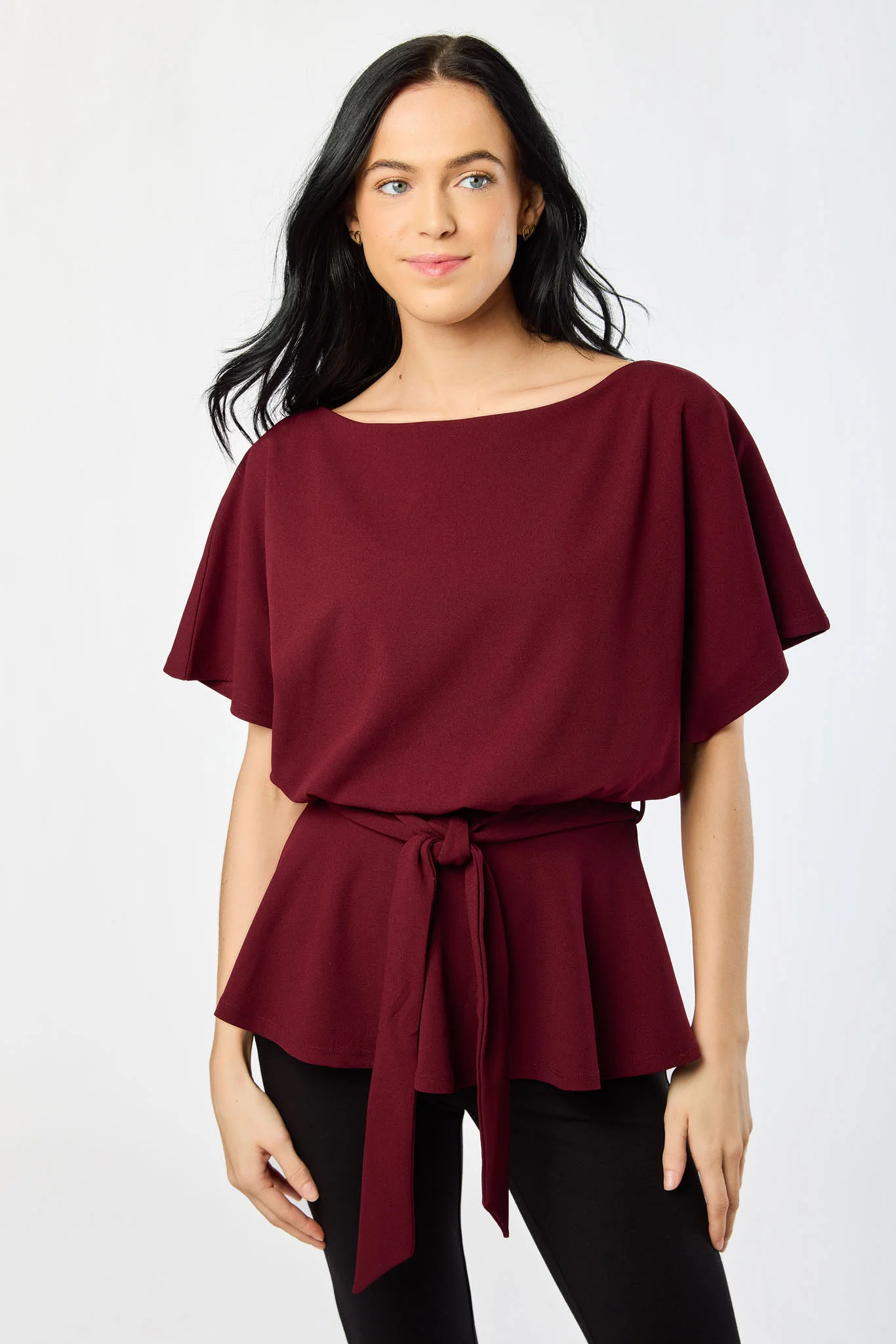 Stretch Crepe Batwing Peplum Top with Tie-Belt - Image 4
