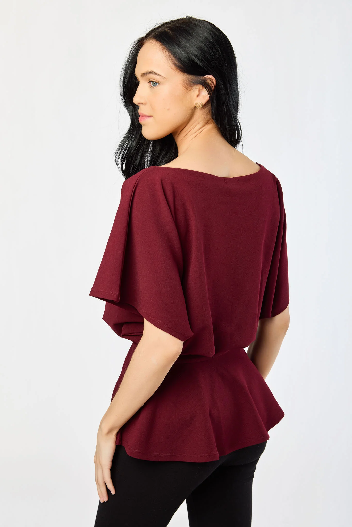 Stretch Crepe Batwing Peplum Top with Tie-Belt - Image 5