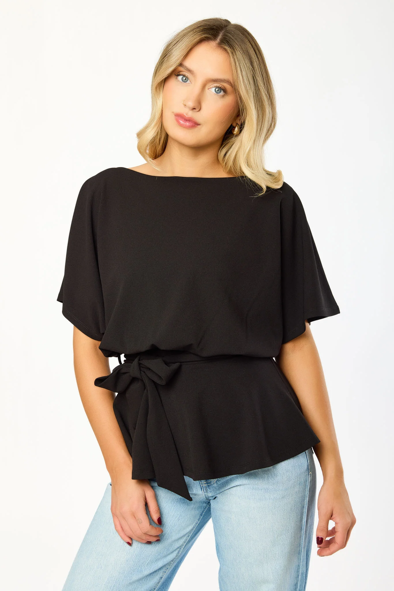 Stretch Crepe Batwing Peplum Top with Tie-Belt - Image 6