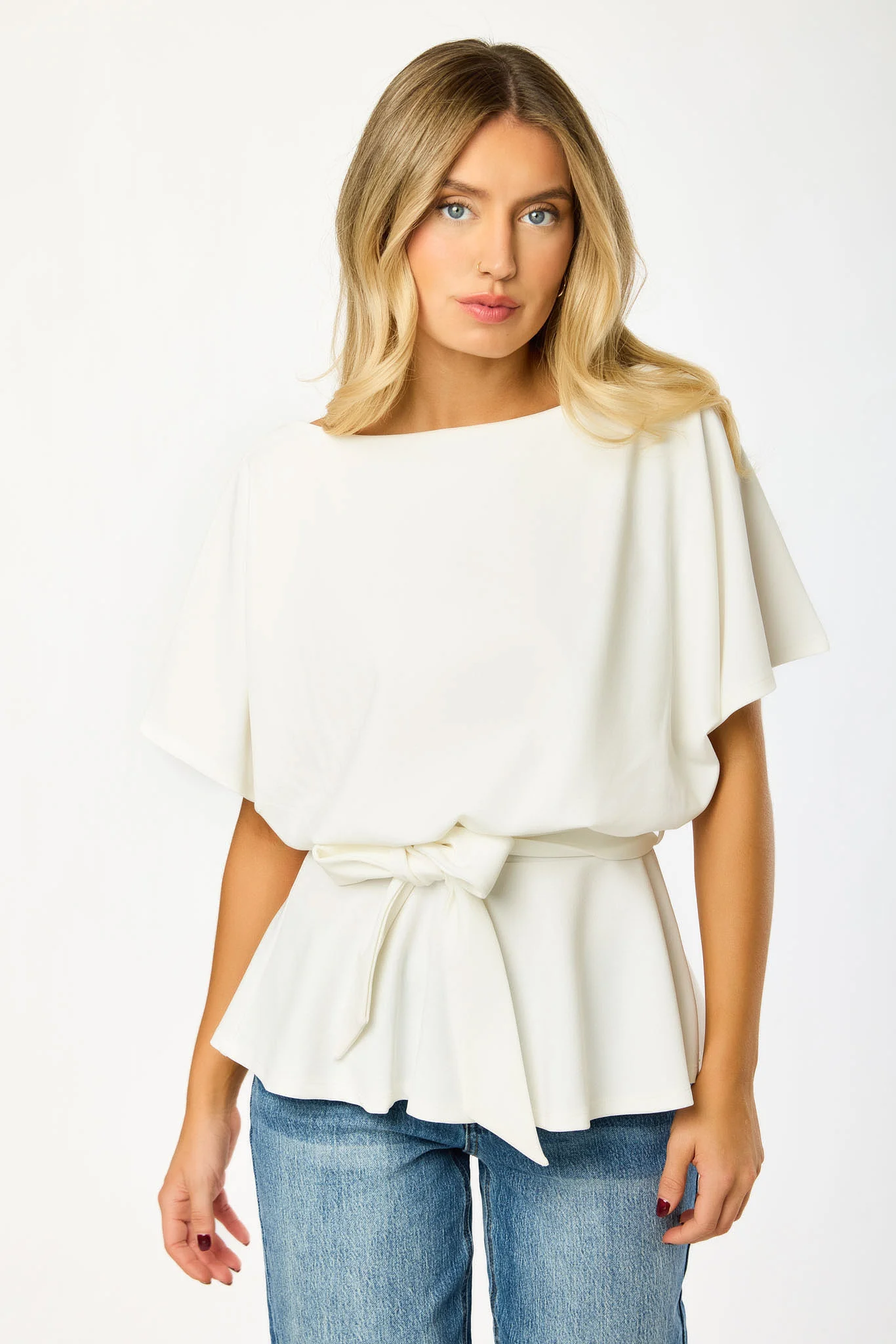 Stretch Crepe Batwing Peplum Top with Tie-Belt - Image 8