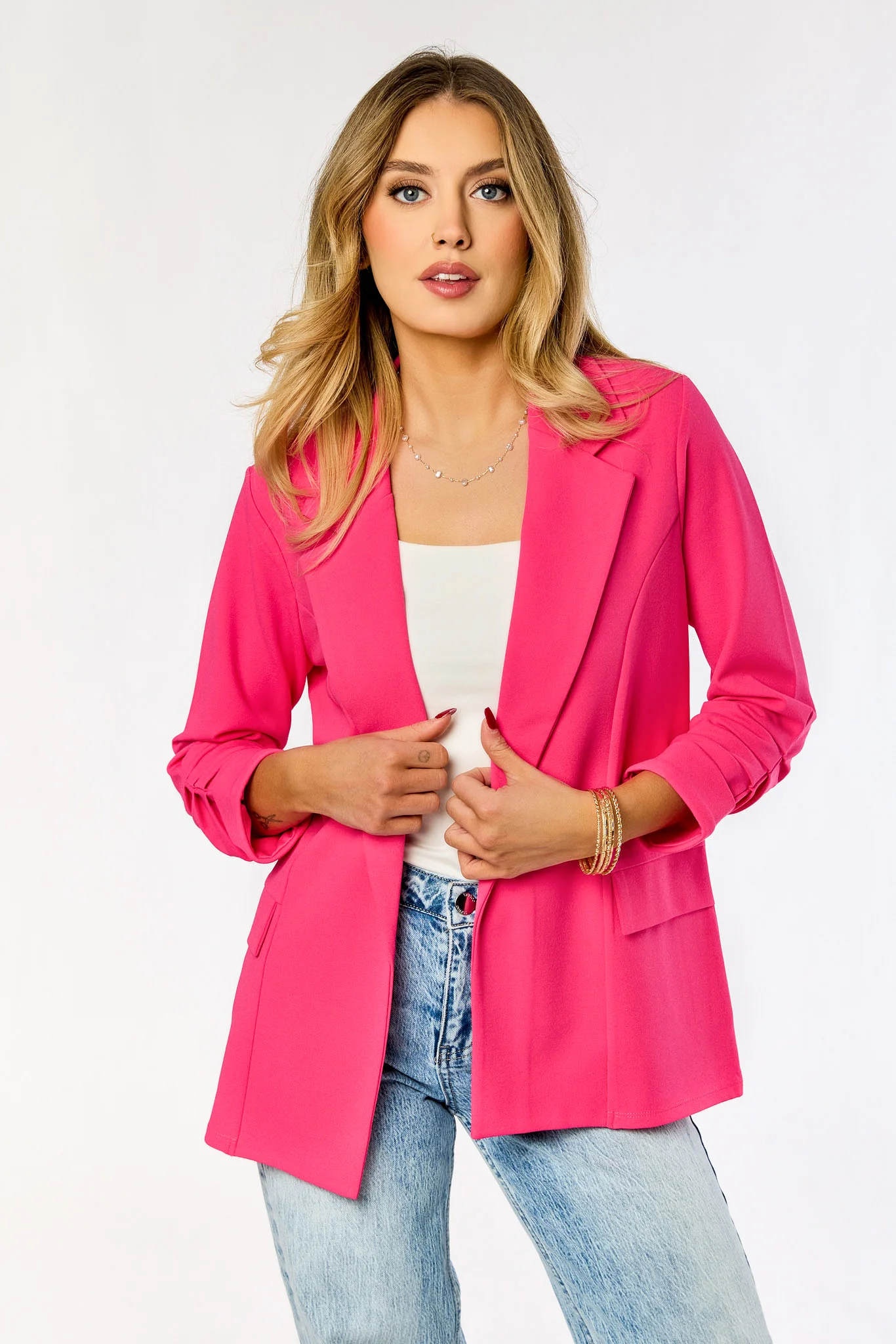 Stretch Crepe Blazer with Ruched Sleeves - Image 11