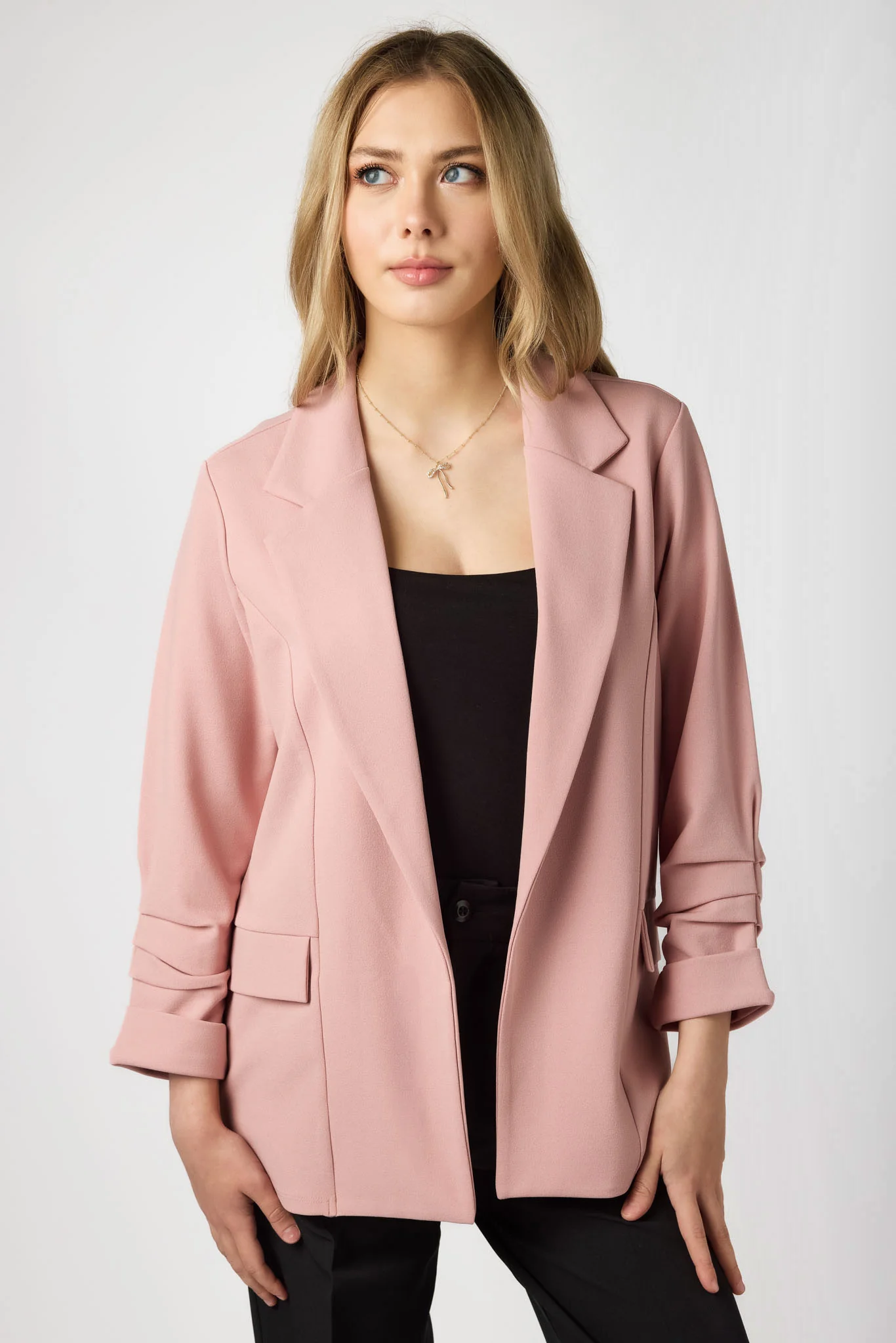 Stretch Crepe Blazer with Ruched Sleeves - Image 14