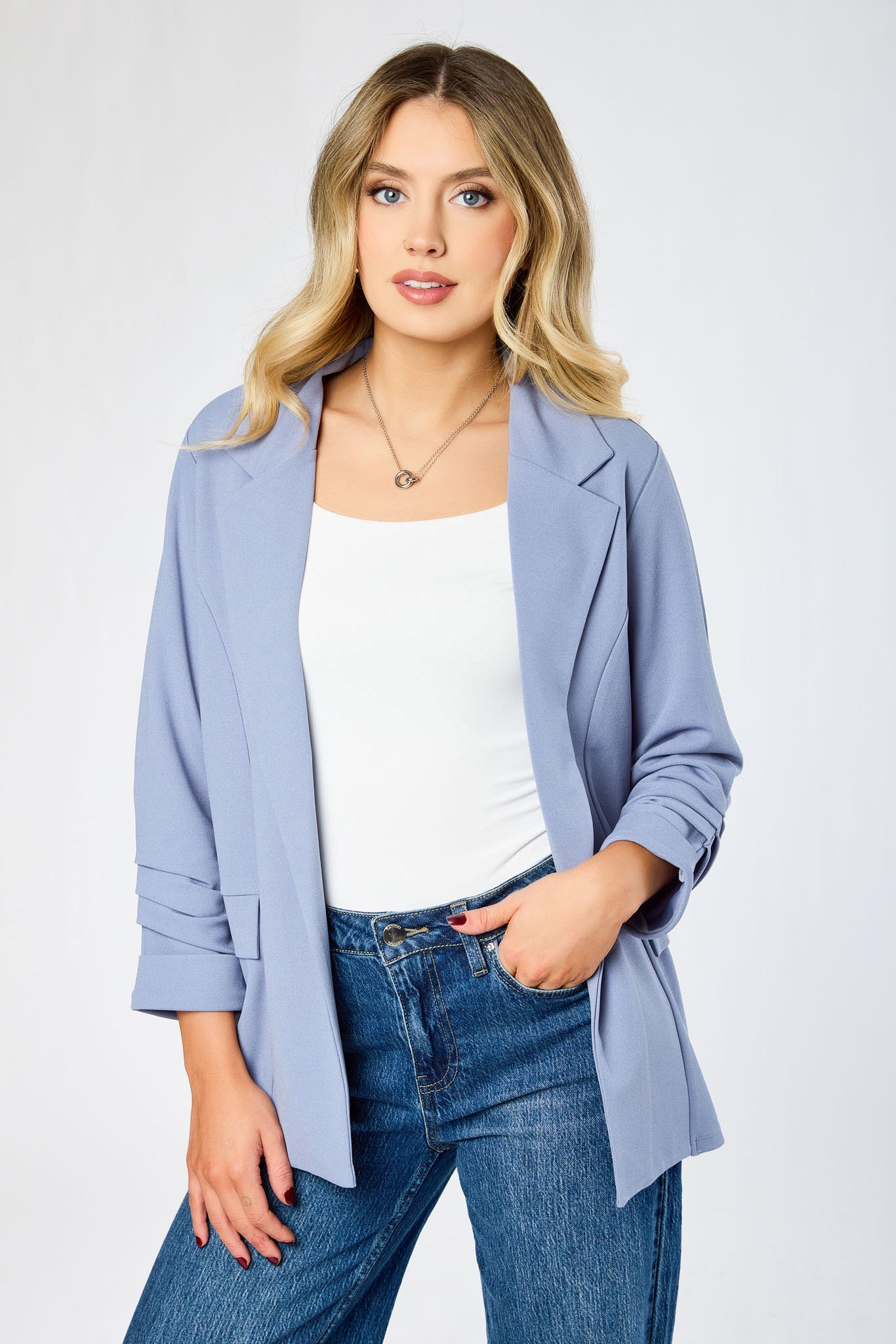 Stretch Crepe Blazer with Ruched Sleeves - Image 16