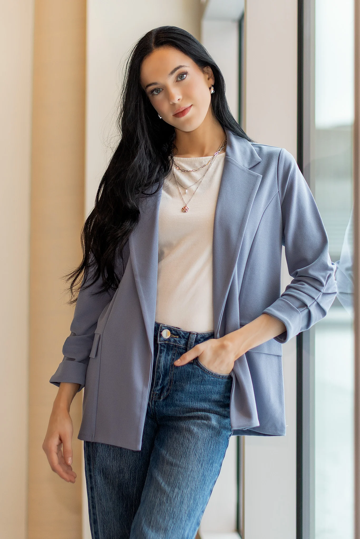 Stretch Crepe Blazer with Ruched Sleeves - Image 18