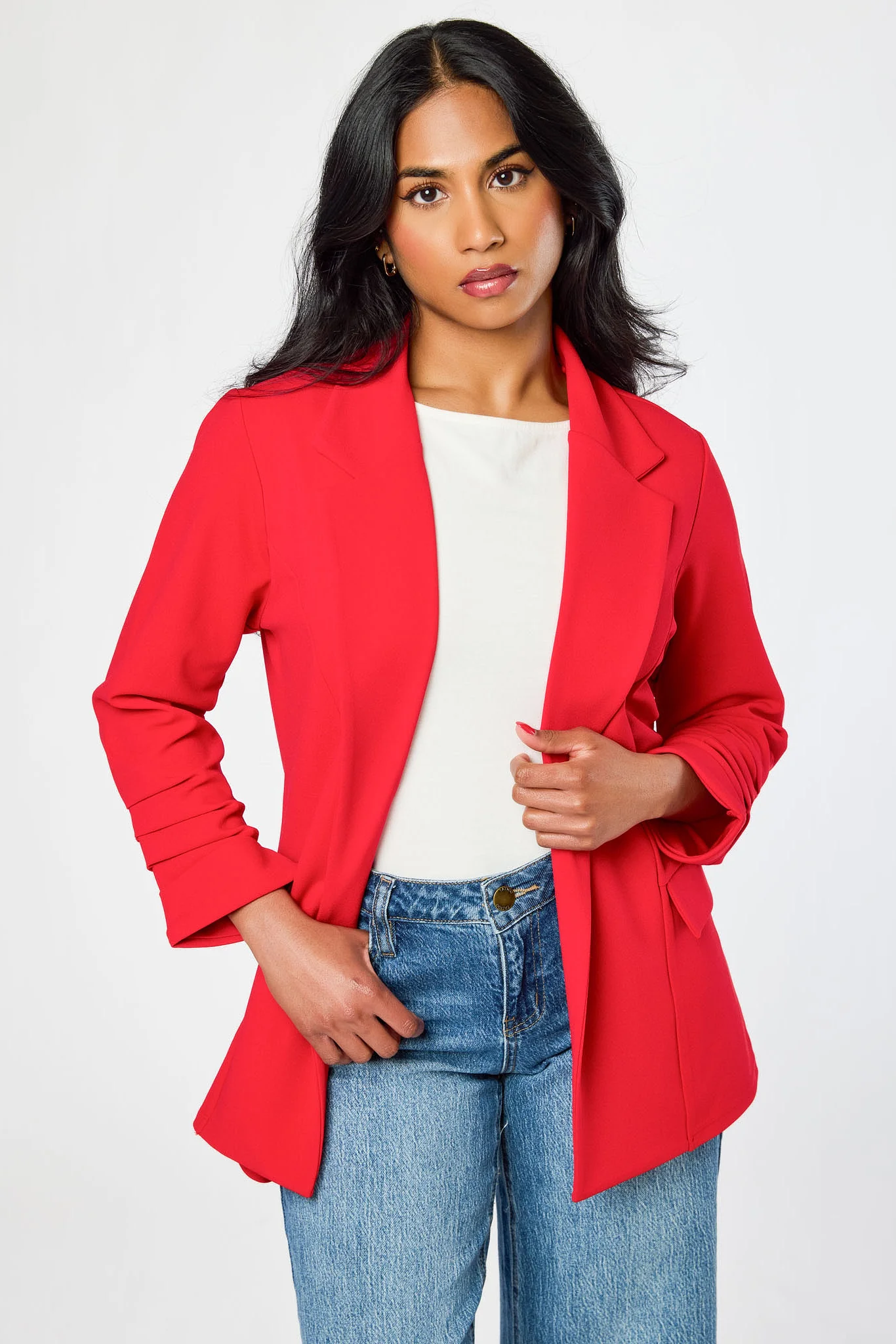 Stretch Crepe Blazer with Ruched Sleeves - Image 19